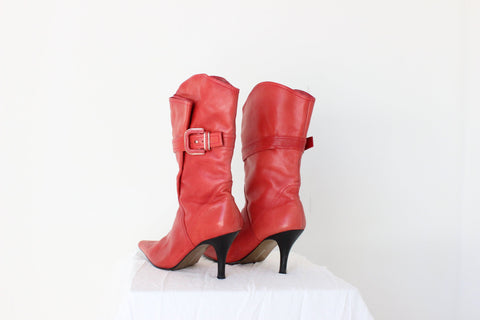 Y2K Red Leather Sassy Cowgirl Boots w/ Buckle & Stiletto Heel - Euro 40.5