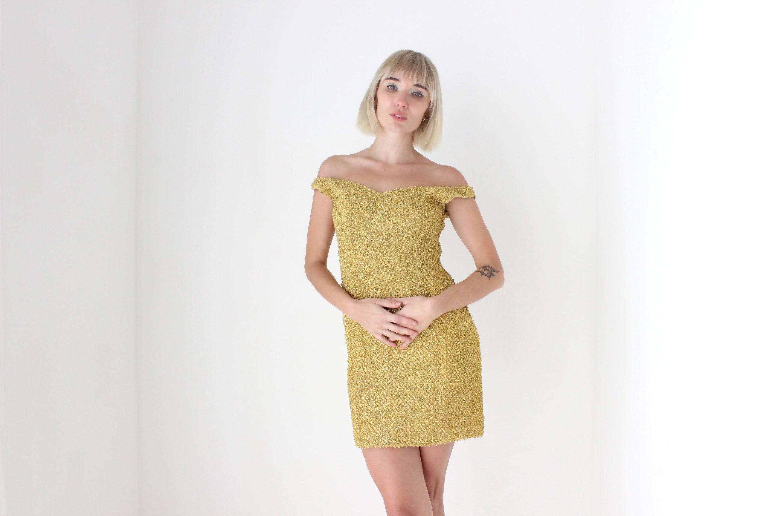 60s Golden Metallic Boucle Knit Marylin Mini