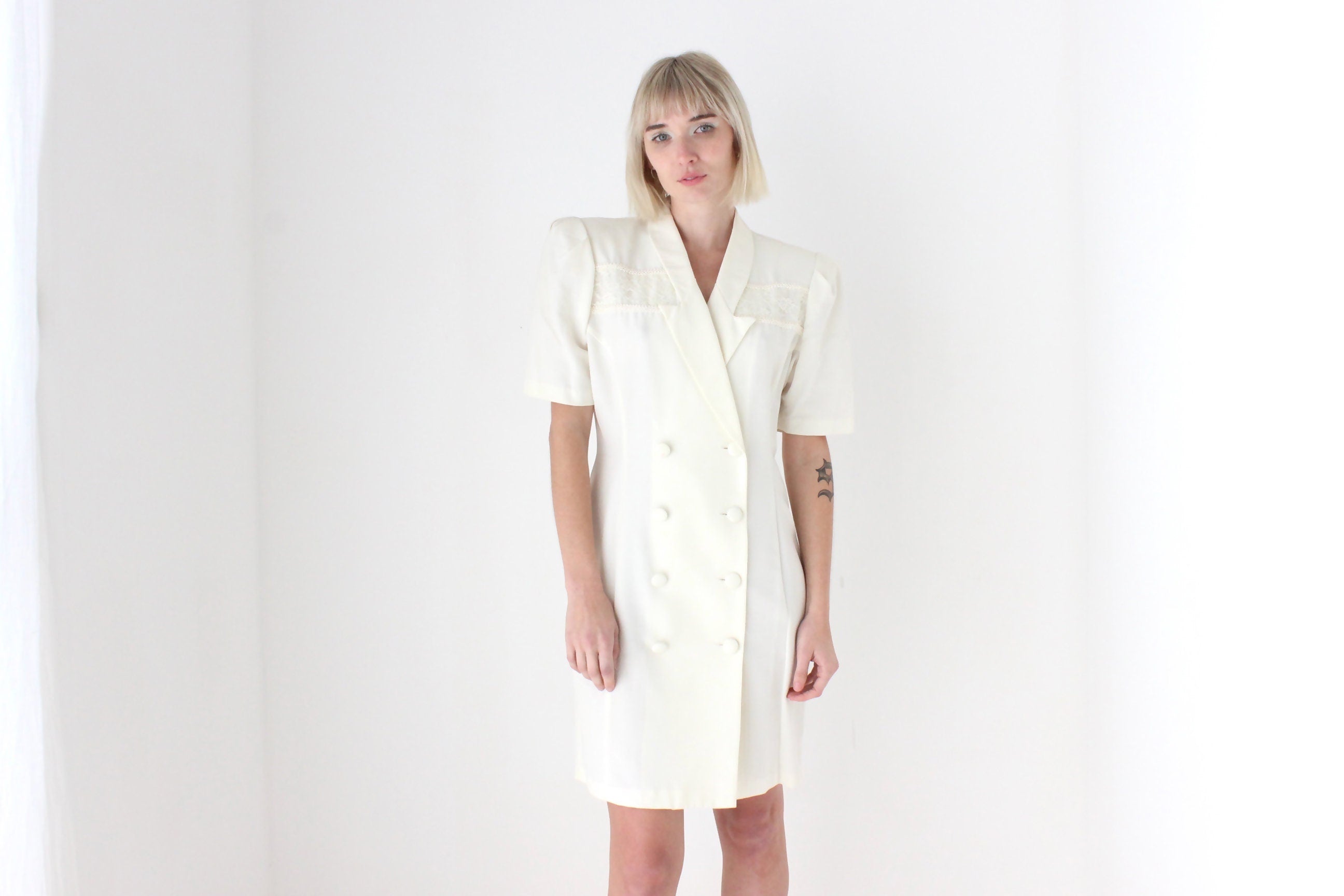 80s Bold Shoulder Button Up Dress w/ Fringe Cut Out