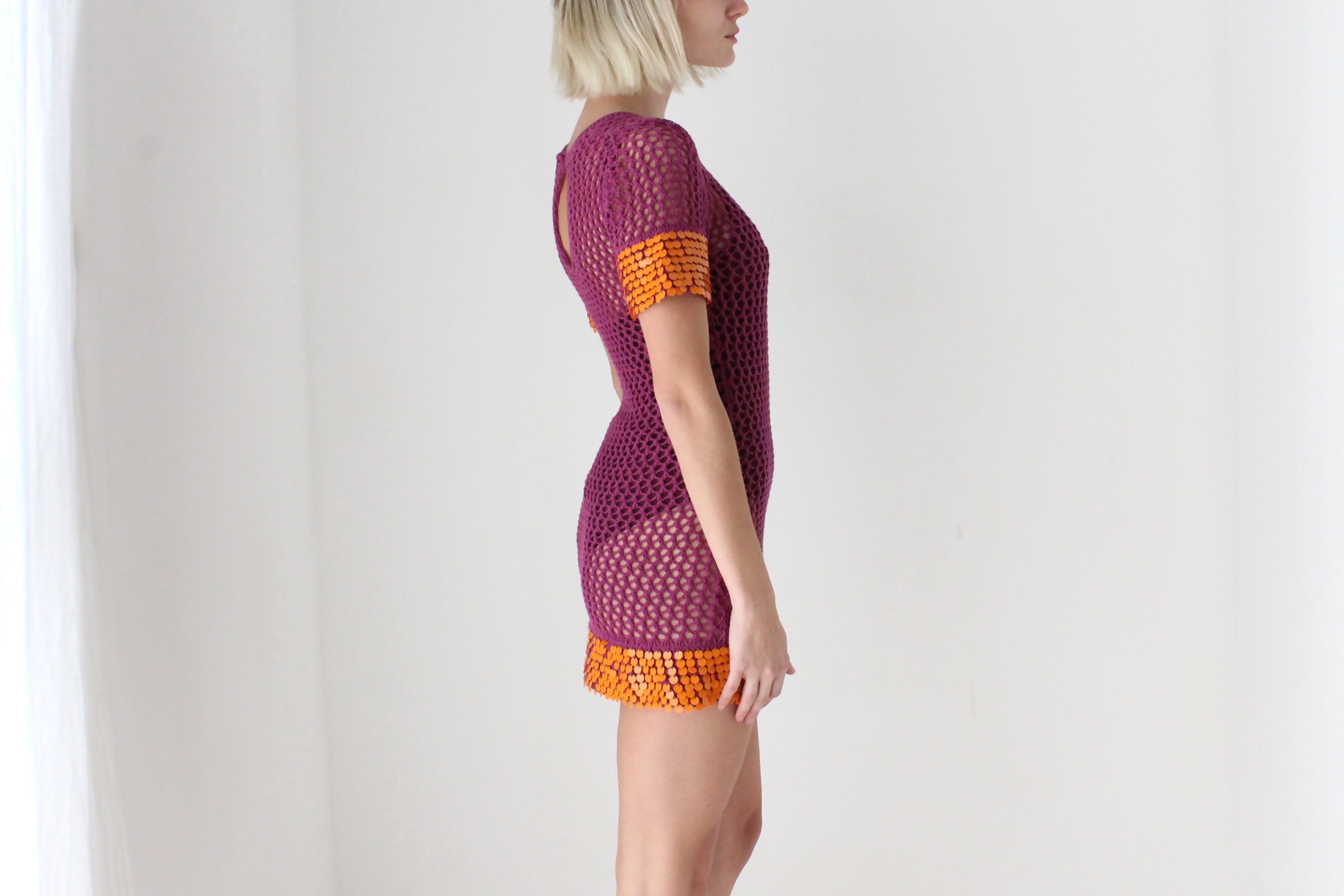 Y2K Sass & Bide Crochet Knit Mini Dress w/ Sequin Trim