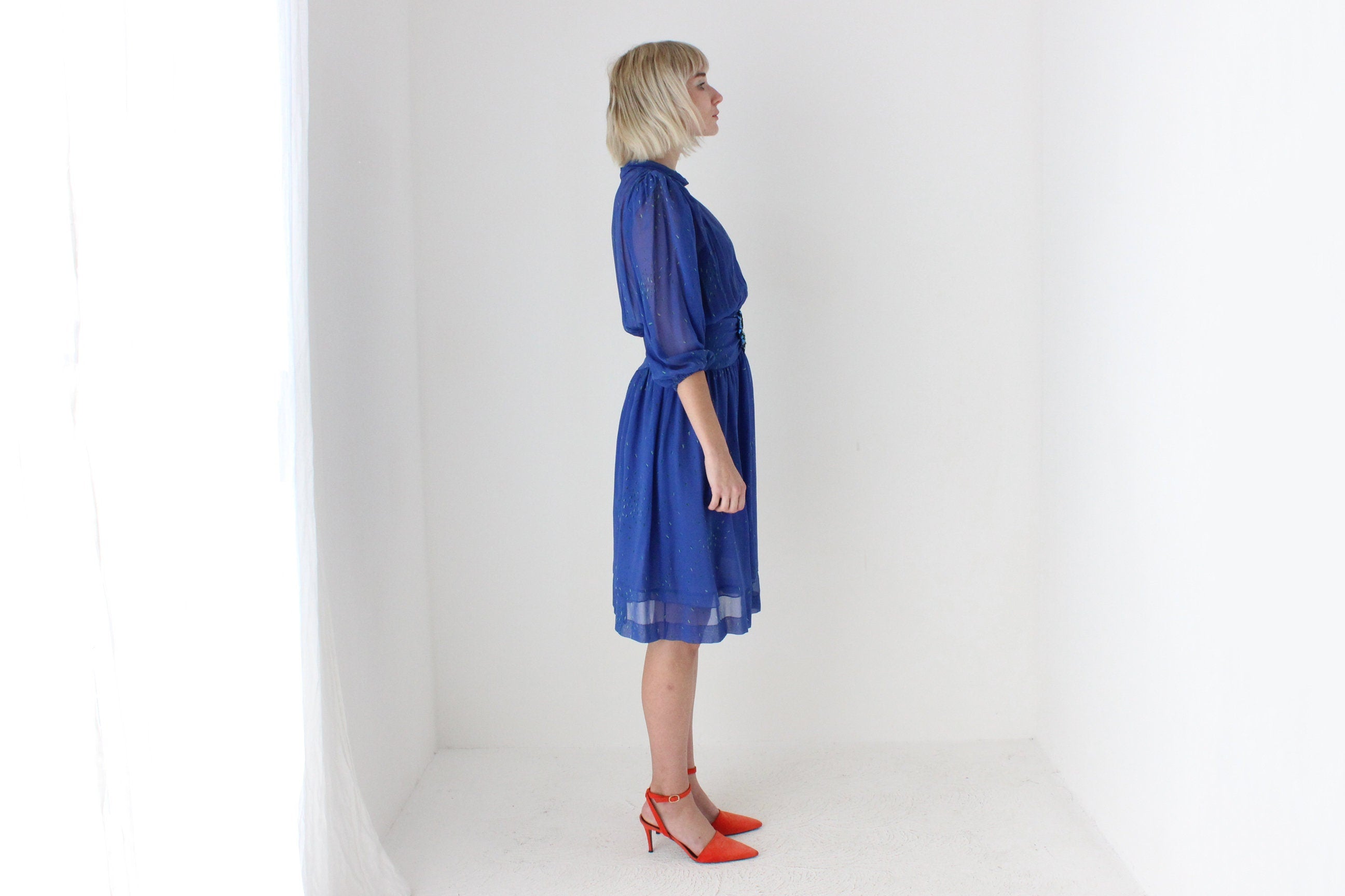 80s Boutique Made SILK Georgette Puff Sleeve Dress by Rafaella Atelier