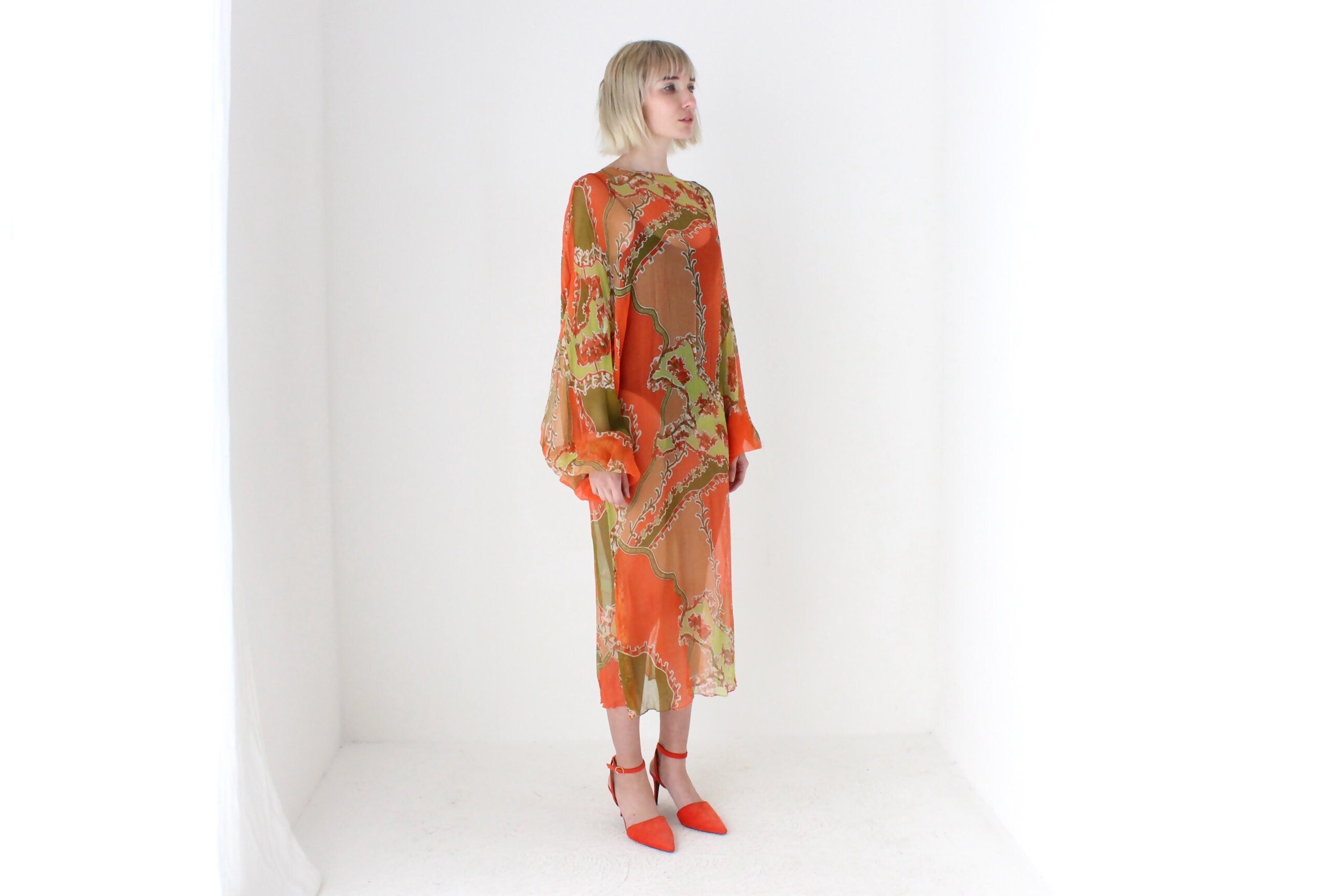 Psychedelic 70s Pure Silk Sheer Dramatic Sleeve Dress