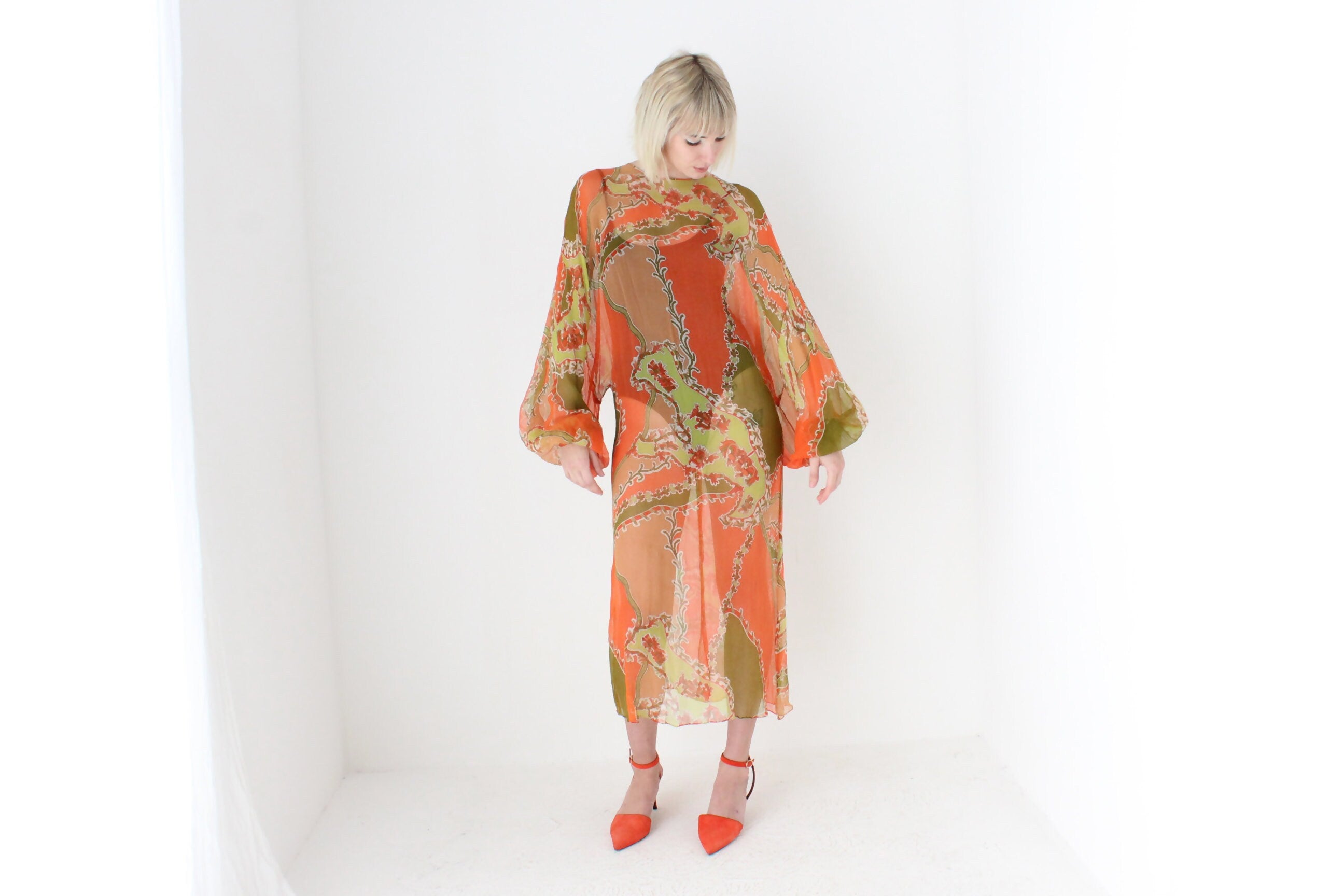 Psychedelic 70s Pure Silk Sheer Dramatic Sleeve Dress