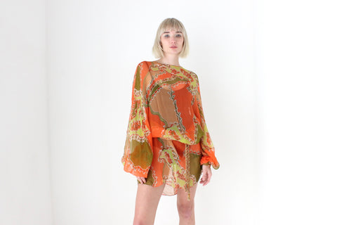 Psychedelic 70s Pure Silk Sheer Dramatic Sleeve Dress