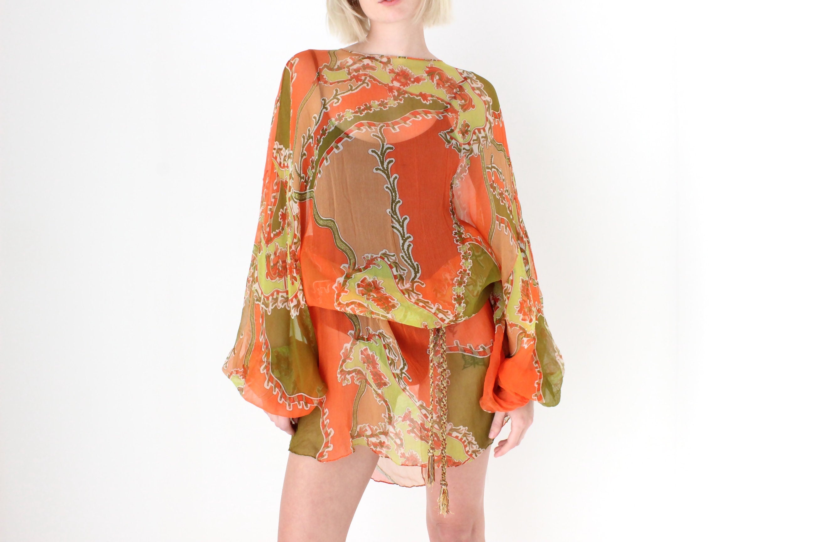 Psychedelic 70s Pure Silk Sheer Dramatic Sleeve Dress