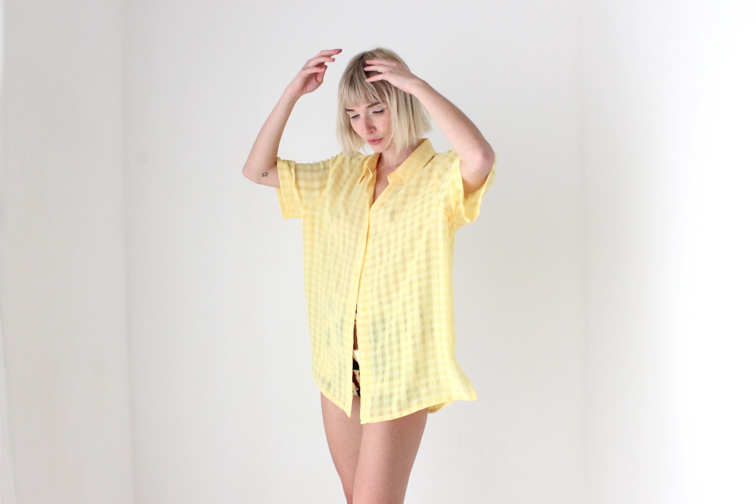 80s Semi Sheer Lemon Gingham Boxy Shirt