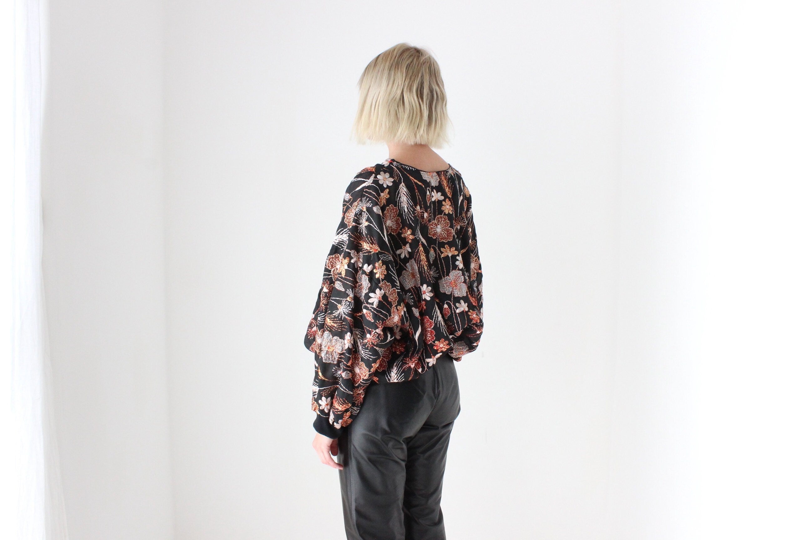 80s Embroidered Metallic Floral Organza "Sweatshirt"