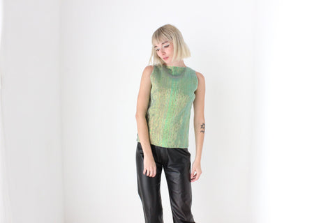 Y2K Iridescent Green Metallic Crinkle Fitted Top
