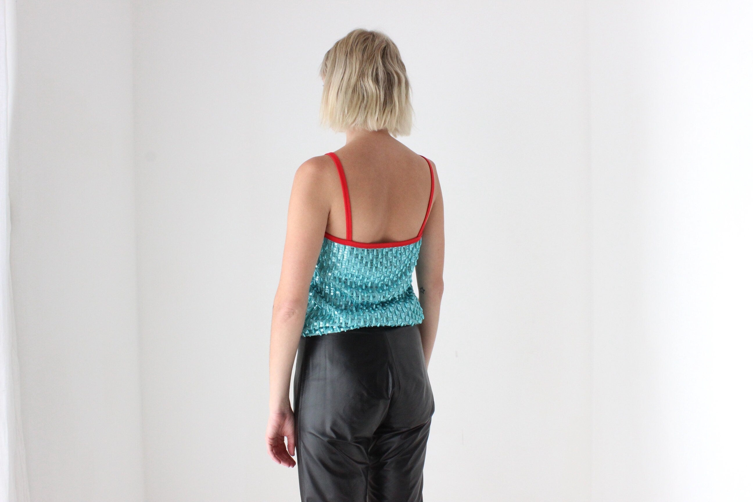 Y2K Aqua Beaded Designer Party Tank Top by Stefanel