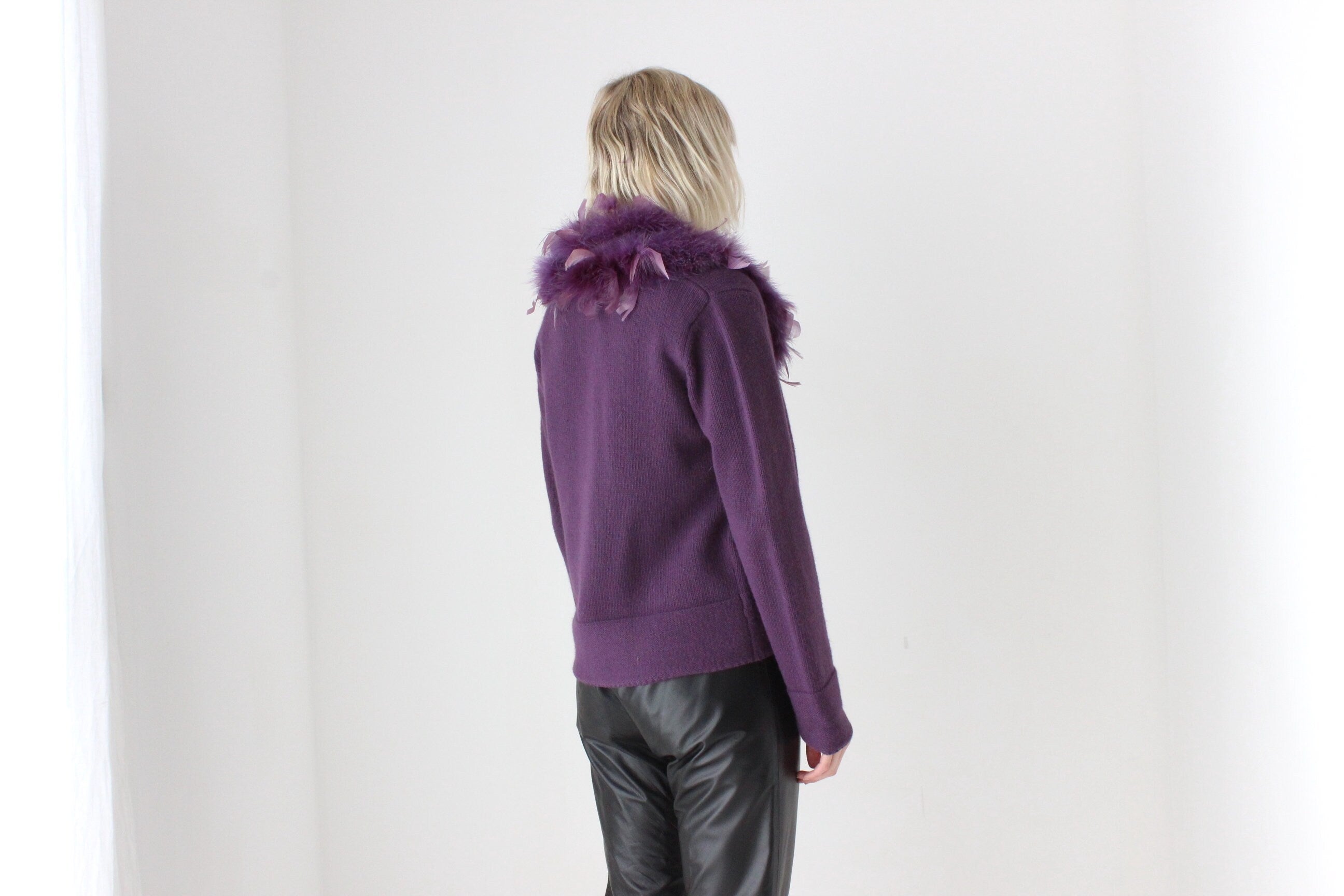 Y2K Purple Lambswool Tank & Feather Cardigan Two Piece Set