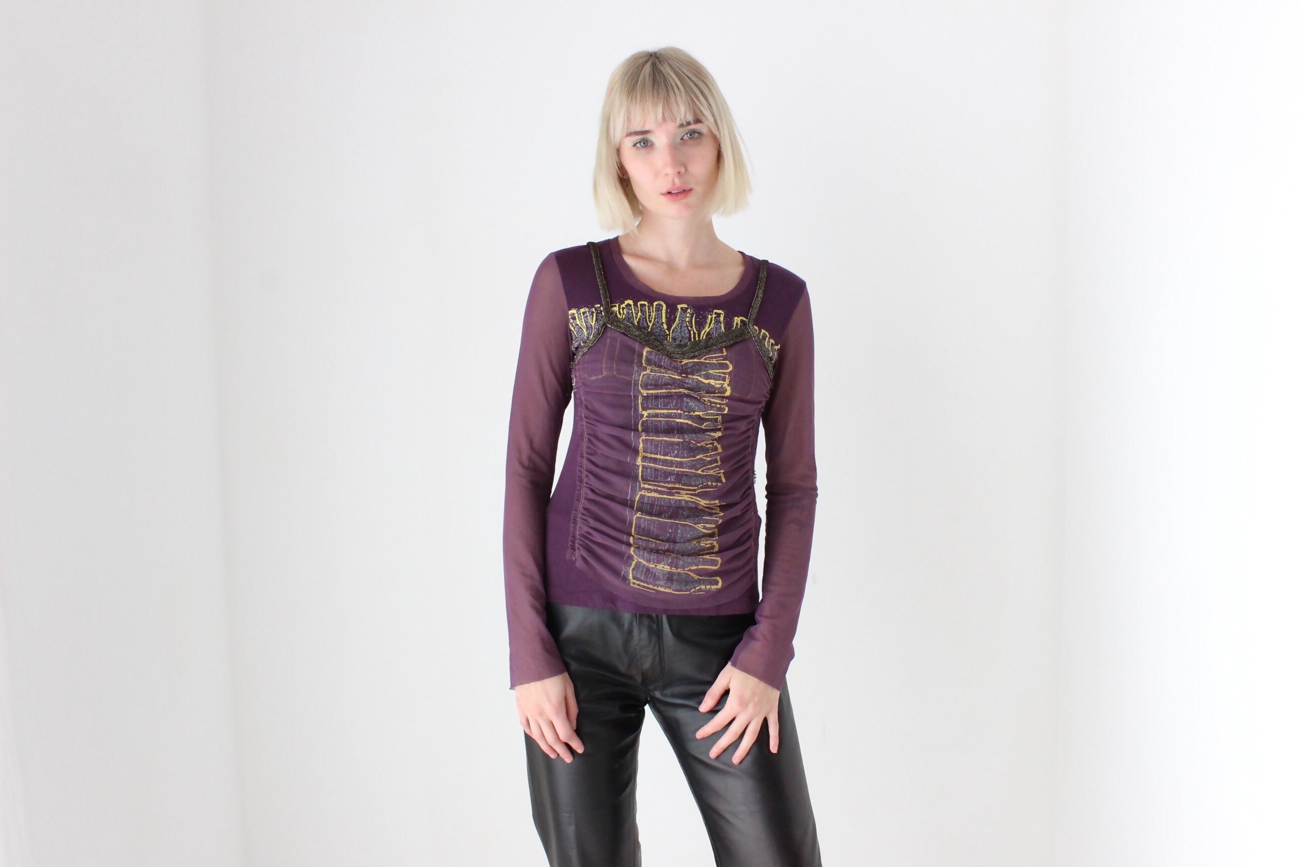 Y2K Abstract Layered Mesh Long Sleeve Stretch Top