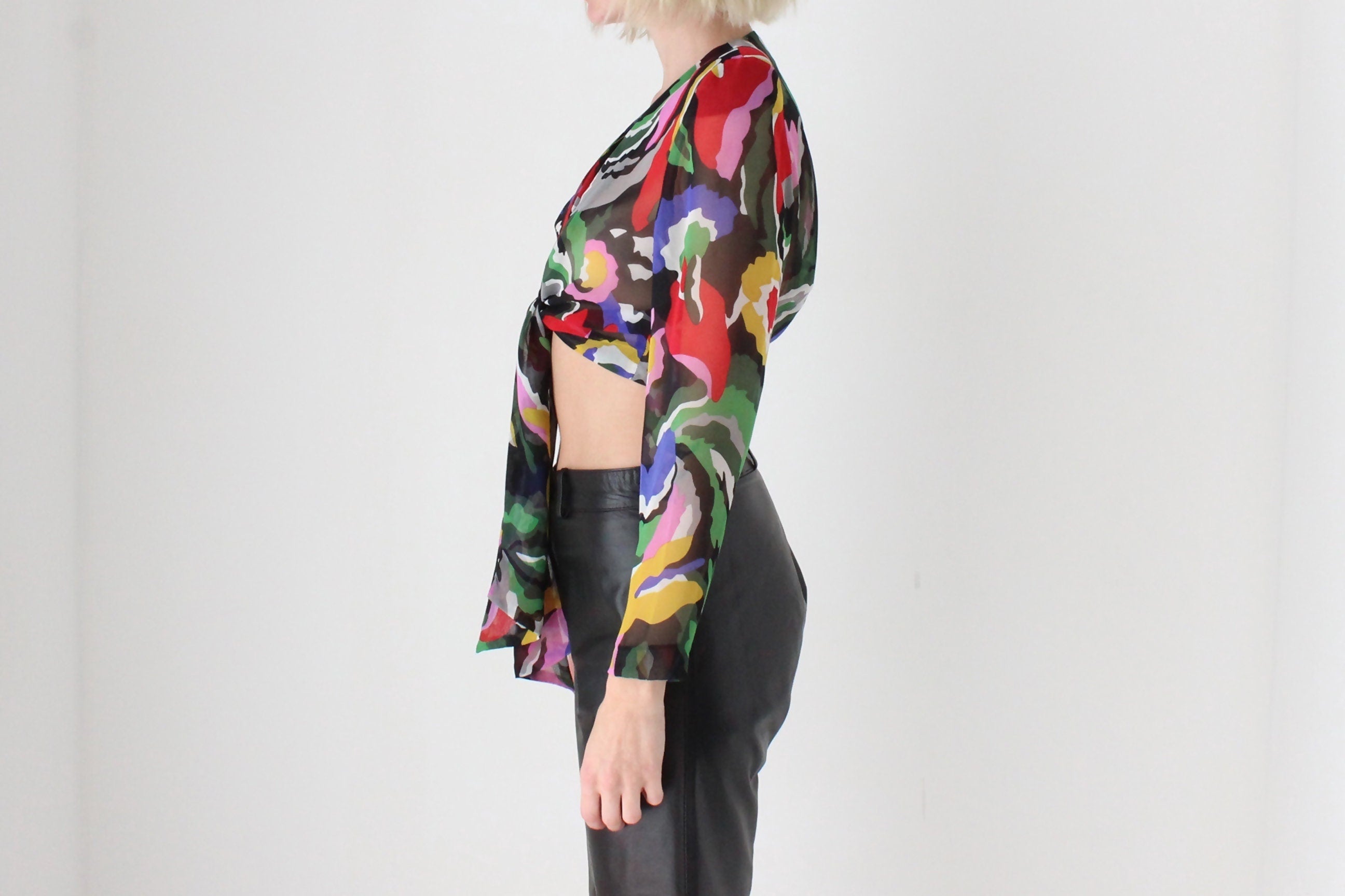 80s Rainbow Plunge Neck Tie Front Blouse