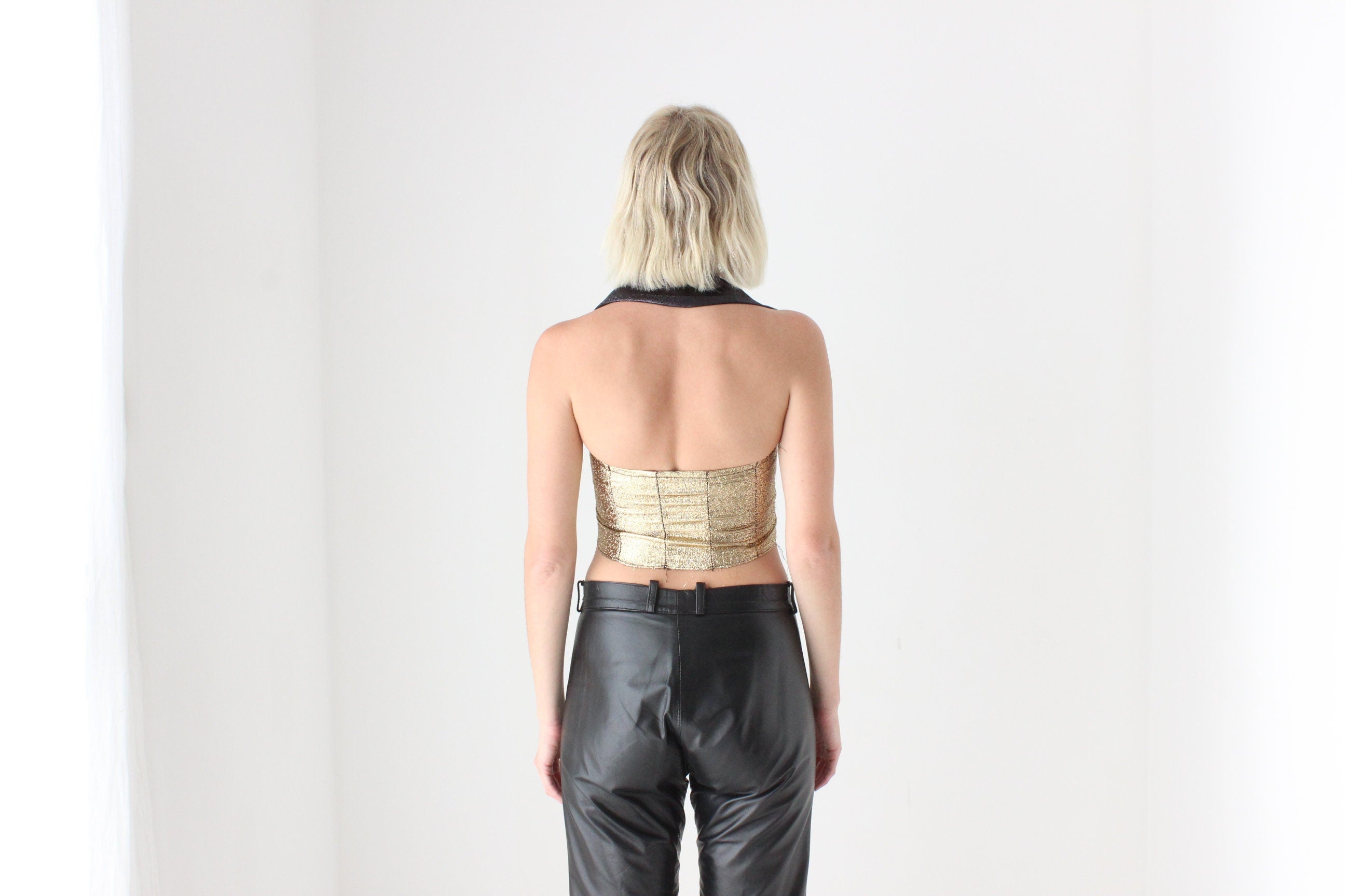 80s Glitter Metallic Lamé Zip Front Collared Bustier