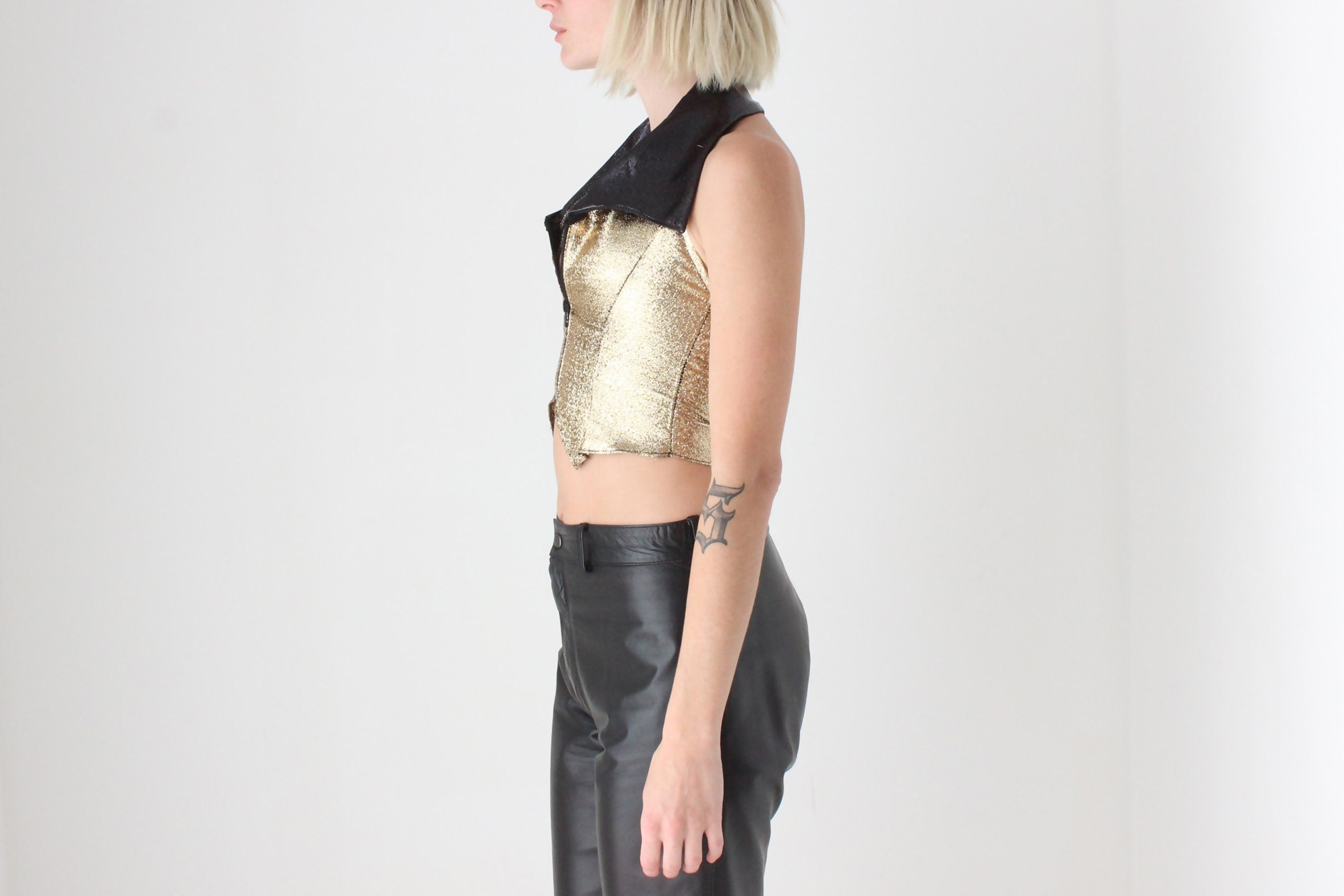 80s Glitter Metallic Lamé Zip Front Collared Bustier