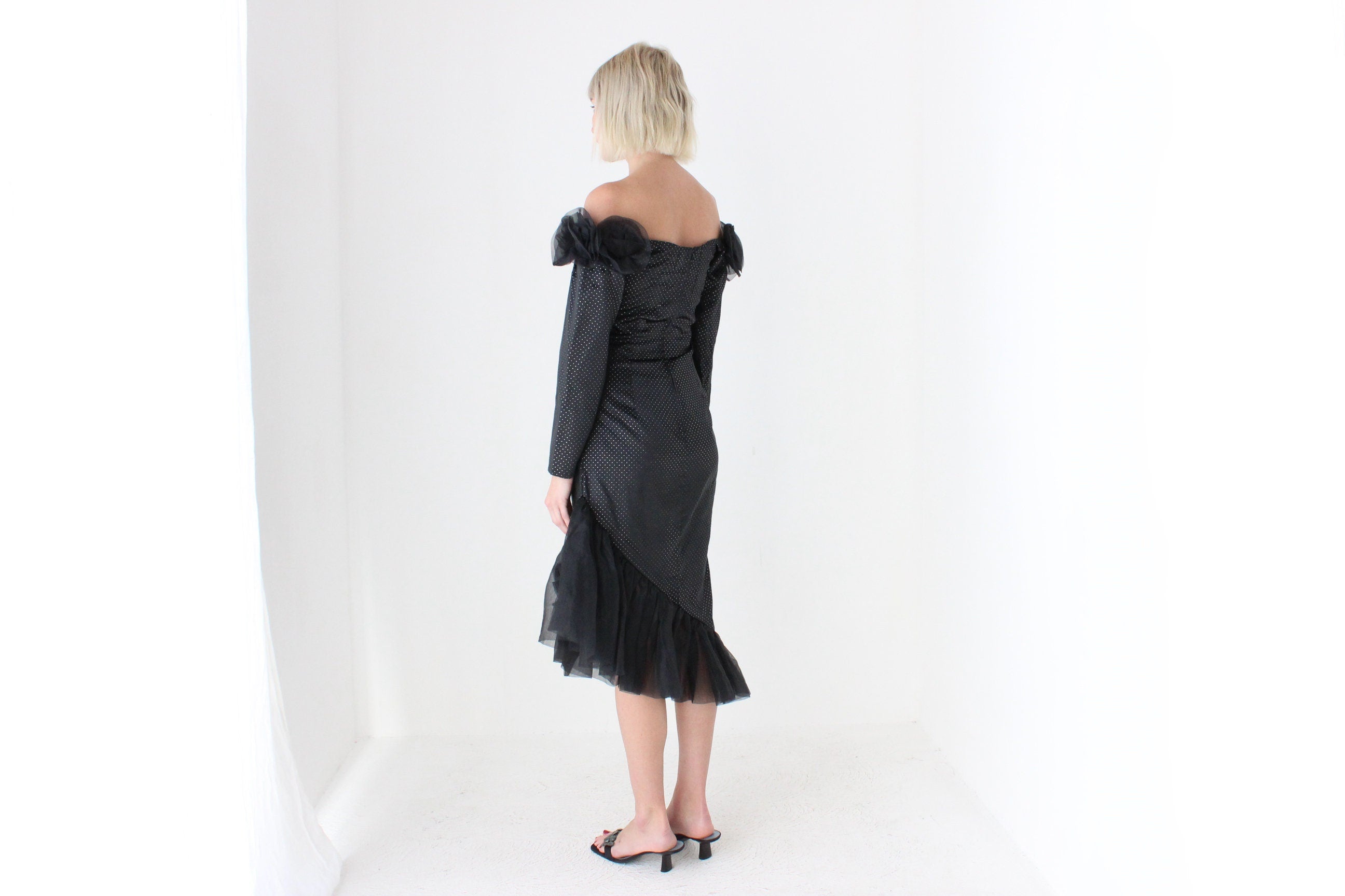 80s 'Masquerade' Organza Rosette Off Shoulder Party Dress