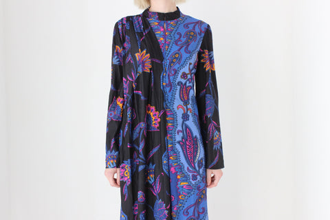 70s Handmade Paisley Dress w/ Experimental Shawl Detail