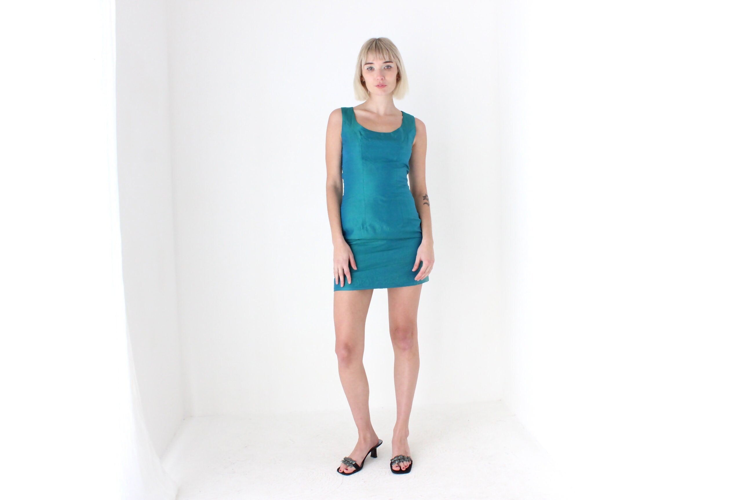 90s Iridescent Silk Scoop Neck Holographic Mini Bandage Bodycon Dress