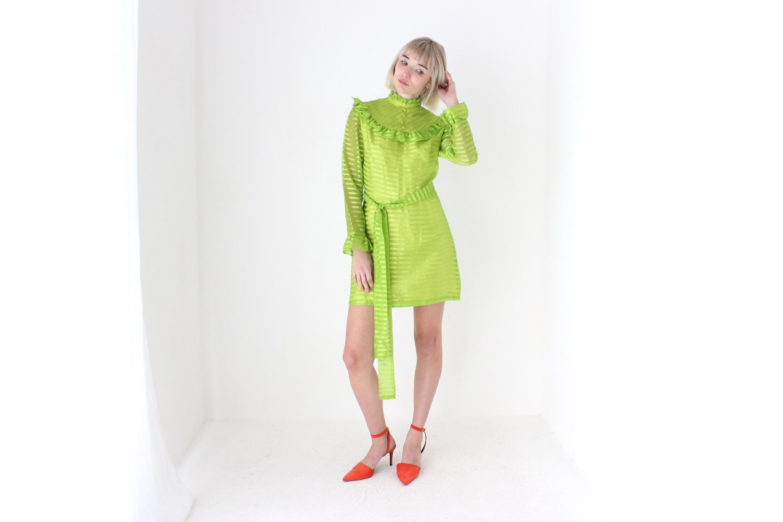 70s Lime Green Organza Ruffle Mini Dress