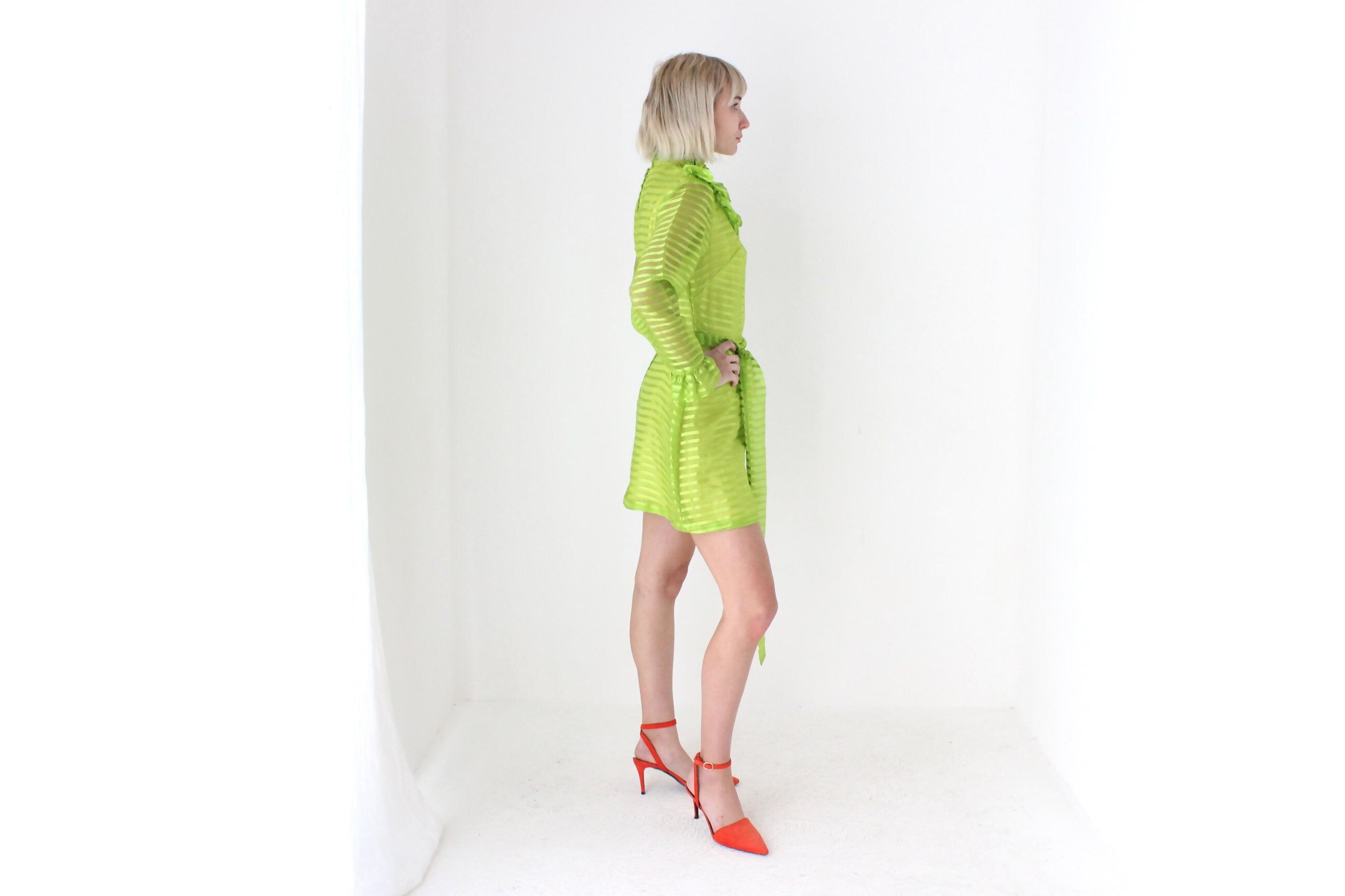 70s Lime Green Organza Ruffle Mini Dress