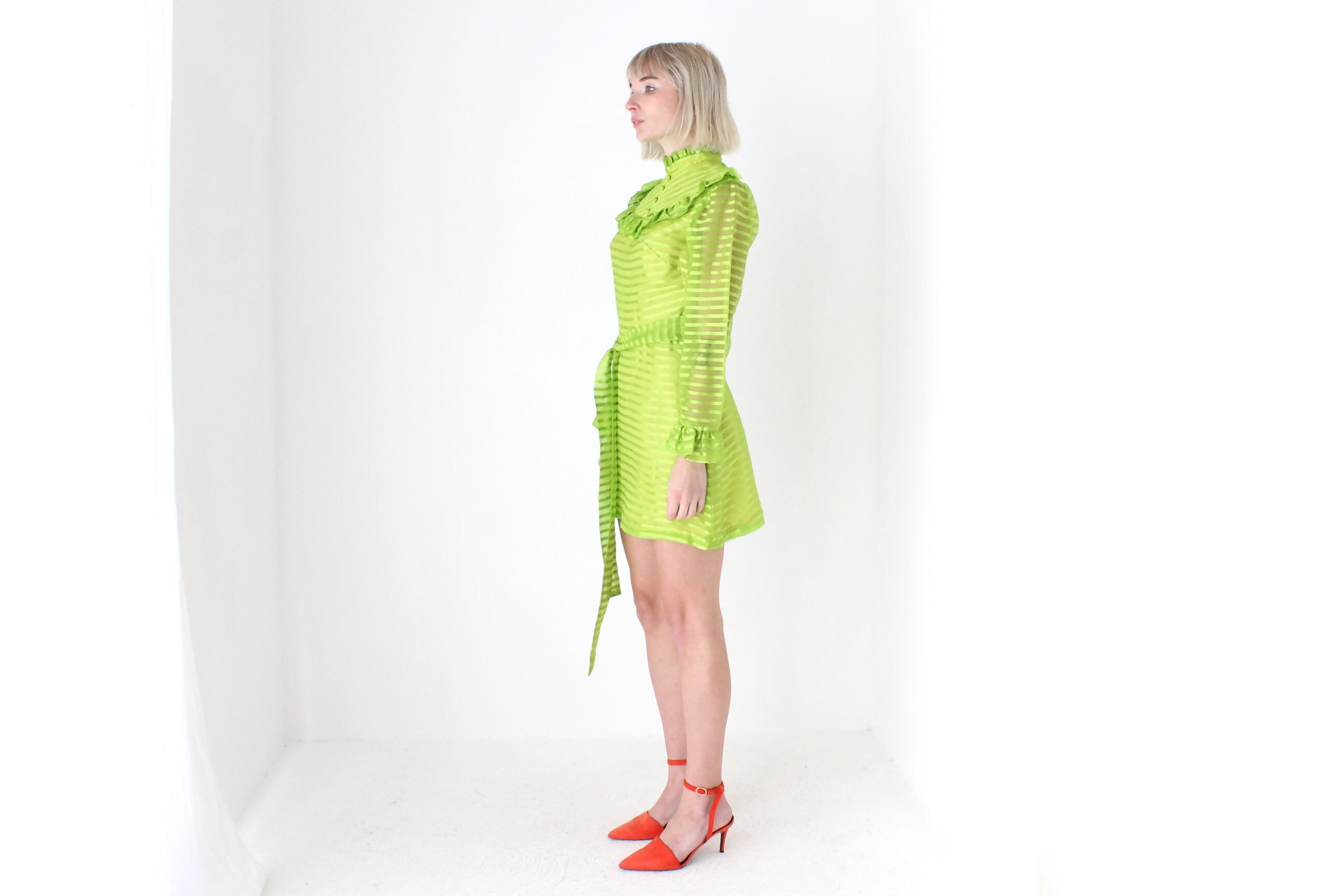 70s Lime Green Organza Ruffle Mini Dress