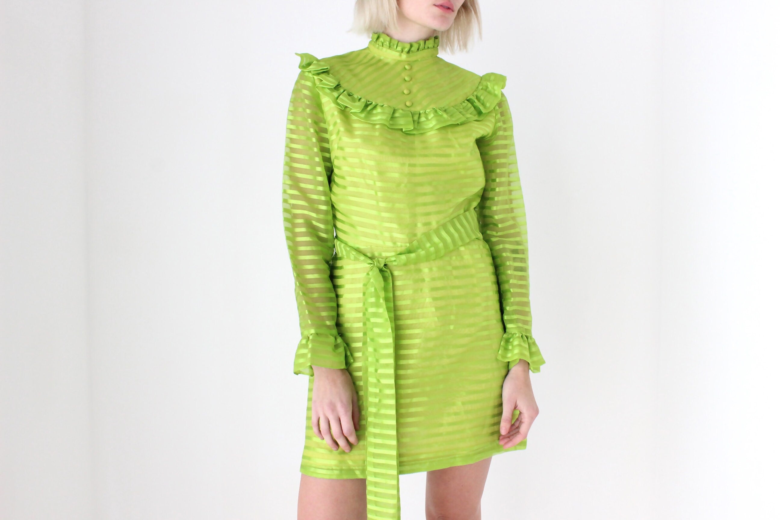 70s Lime Green Organza Ruffle Mini Dress