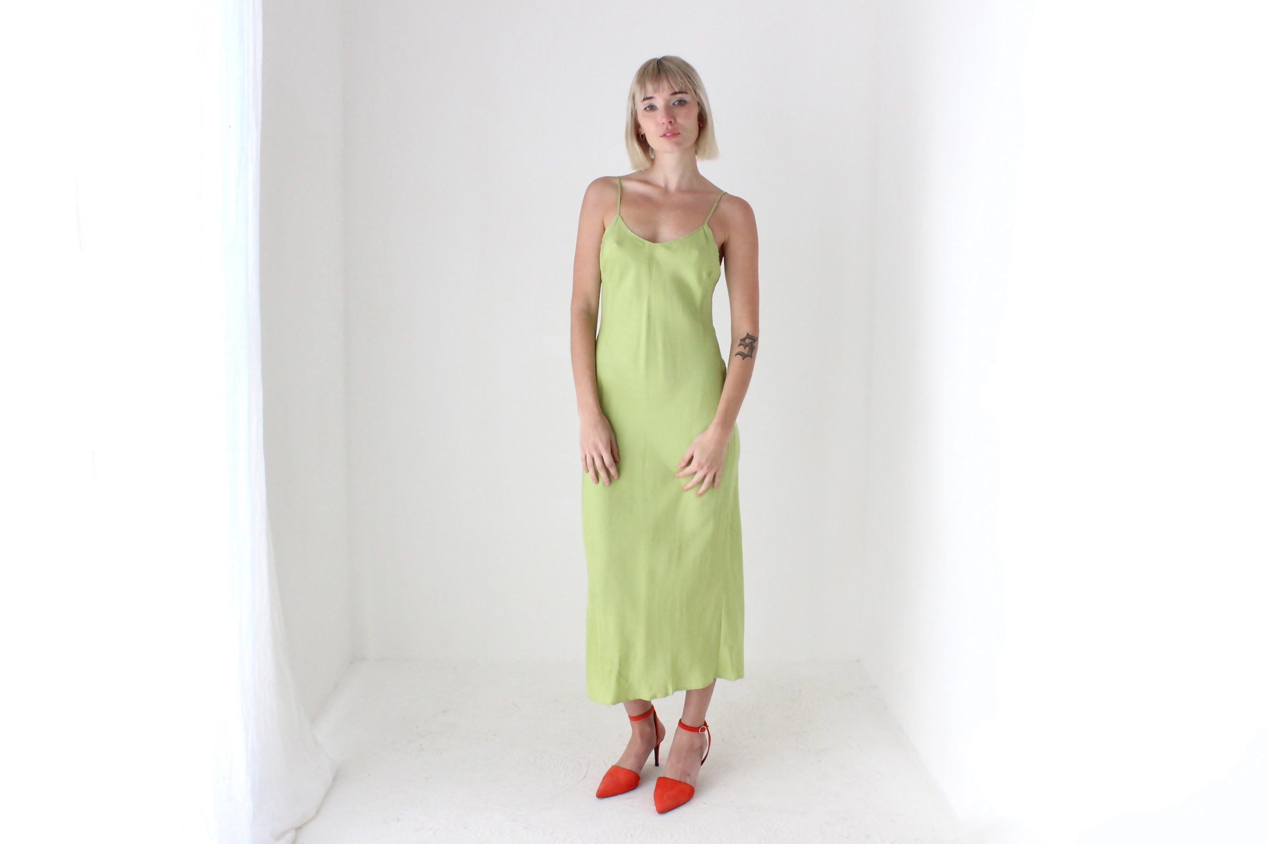 90s Pure Silk Bias Cut Slip Dress in Pistachio