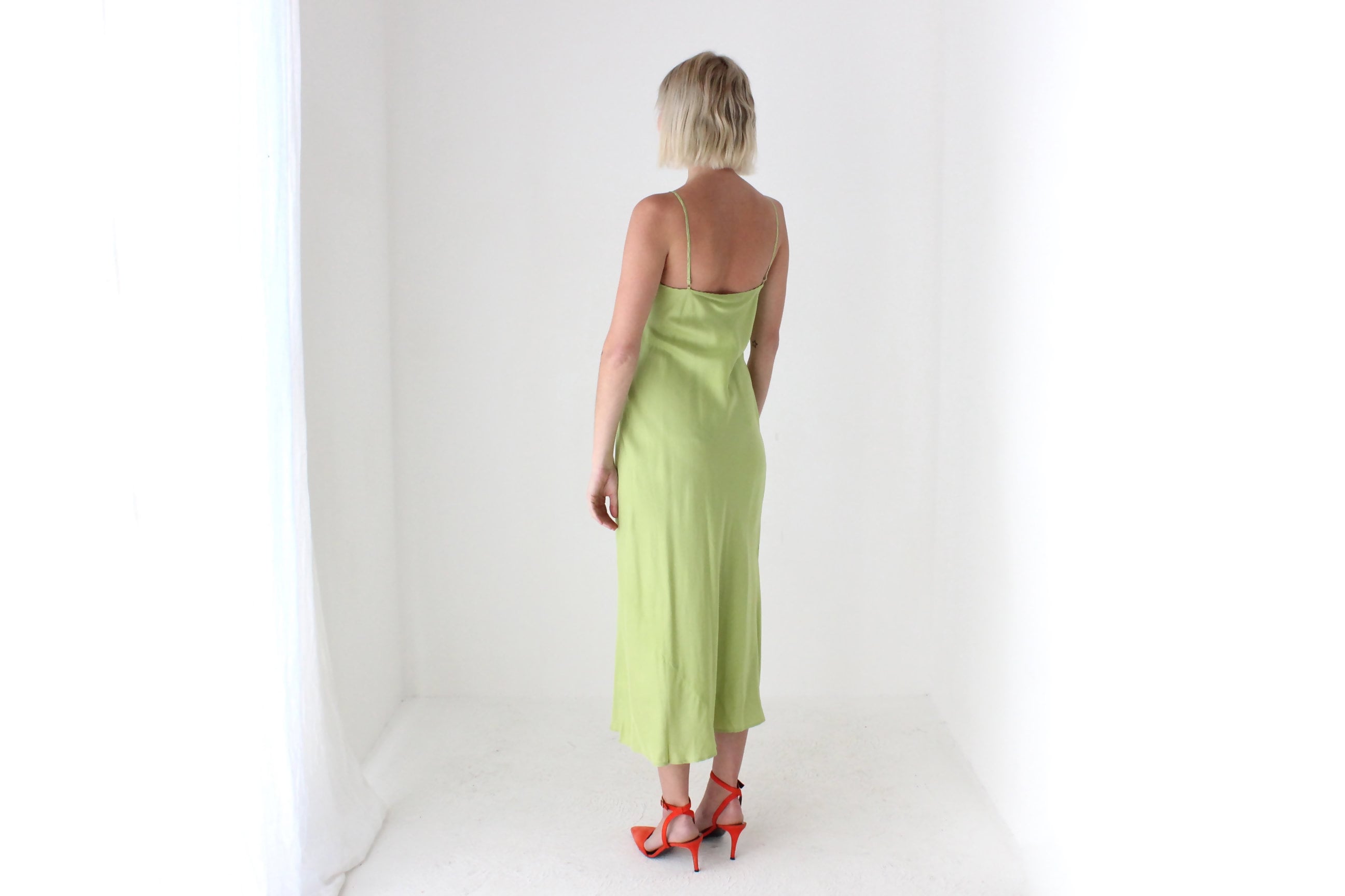 90s Pure Silk Bias Cut Slip Dress in Pistachio