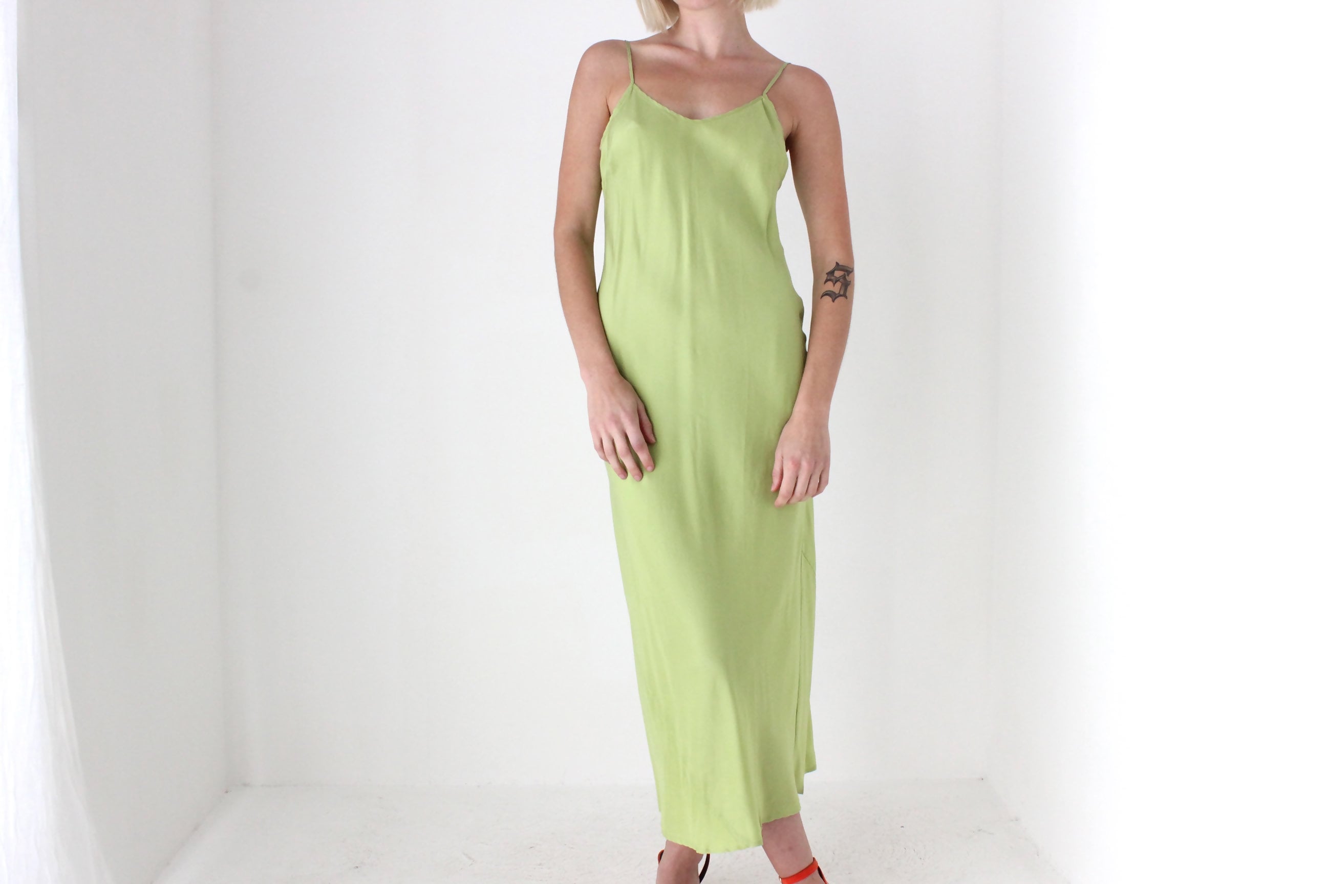 90s Pure Silk Bias Cut Slip Dress in Pistachio