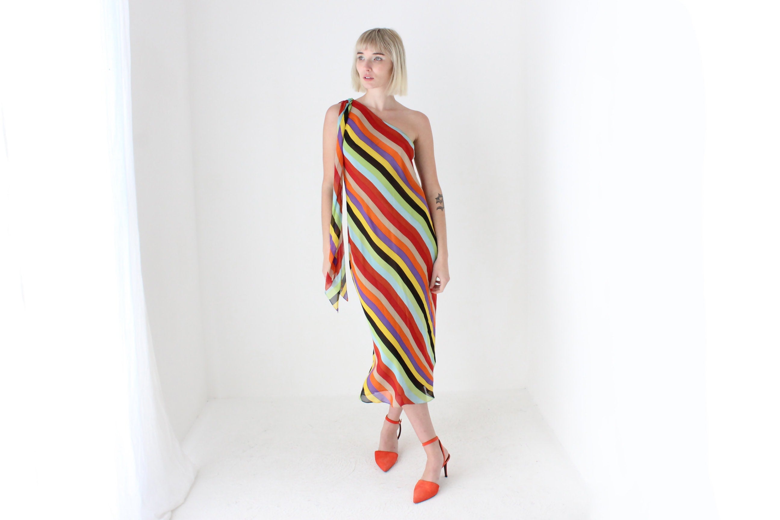 Y2K PURE SILK One Shoulder Rainbow Stripe Dress