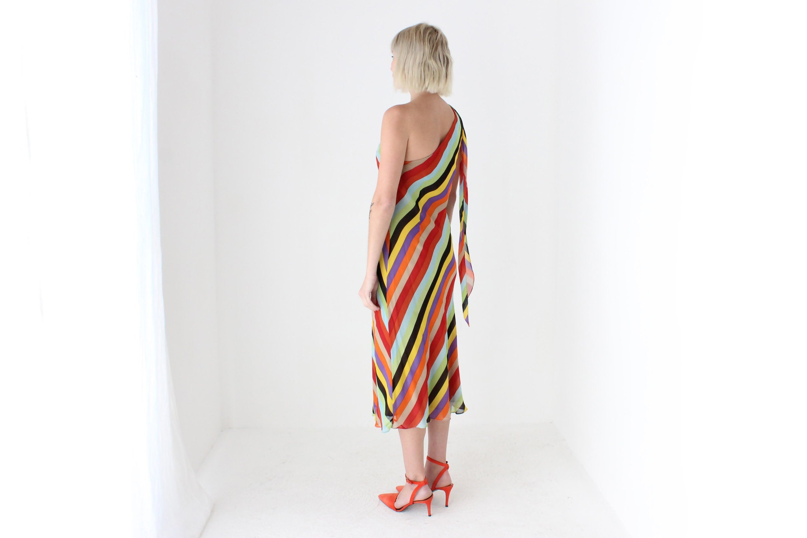 Y2K PURE SILK One Shoulder Rainbow Stripe Dress