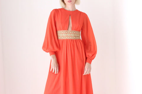 Divine 70s Nylon Crepe Balloon Sleeve Coral Gown