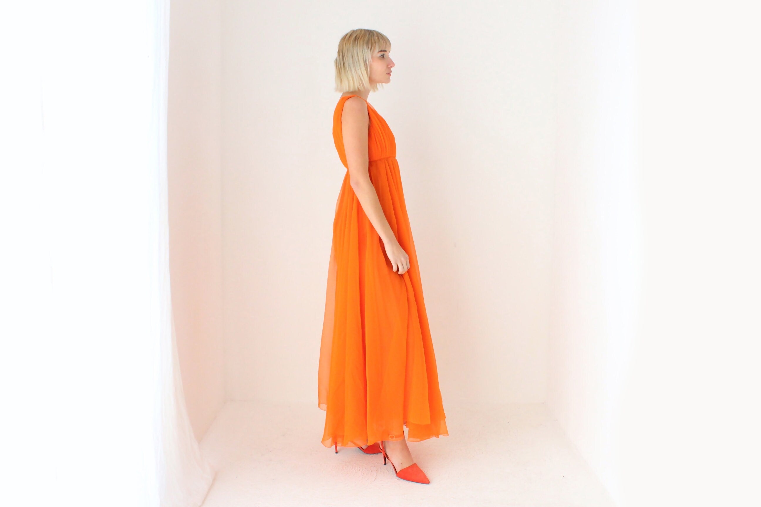 Showstopping 60s Vibrant Orange Empire Waist Dramatic Gown