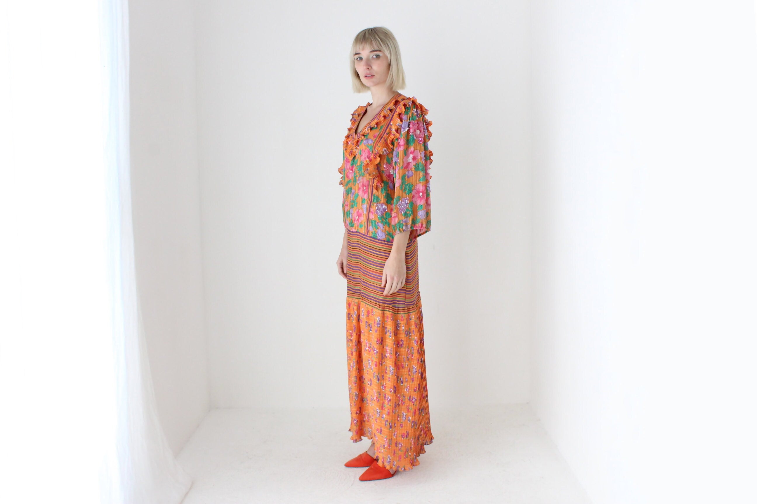 Maximalist 80s 'Mosaic' Plisse/Ruffle/Sequin/Floral Dress