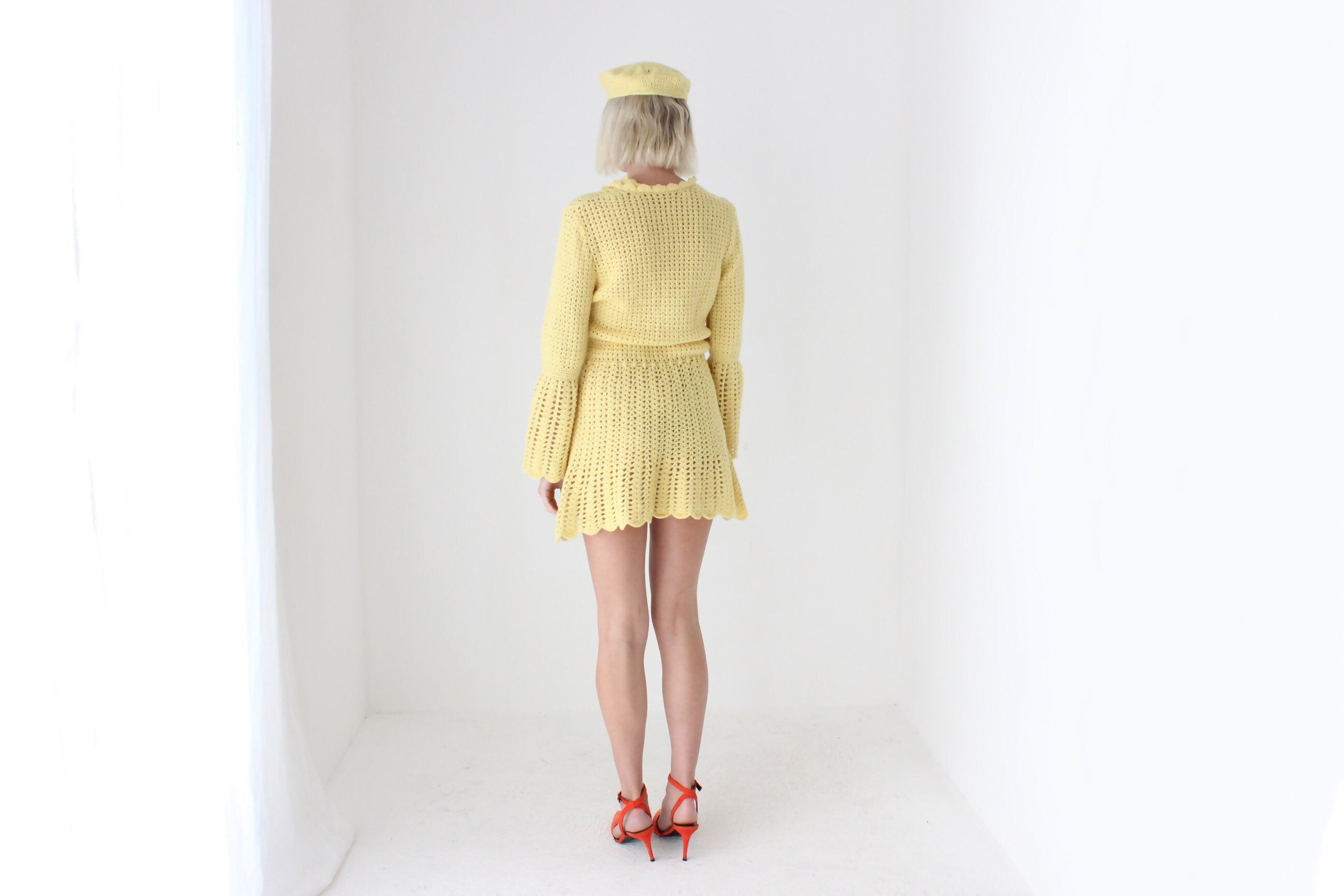 70s Hand Knit Lemon Yellow Mini Dress w/ Matching Beret