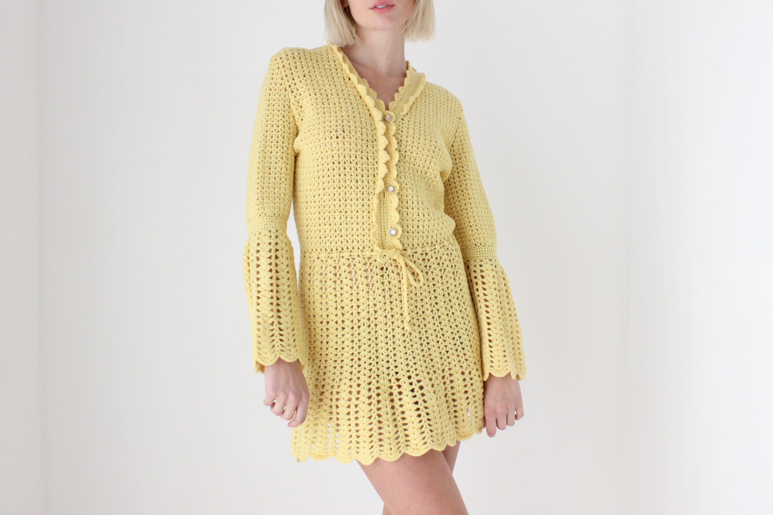 70s Hand Knit Lemon Yellow Mini Dress w/ Matching Beret