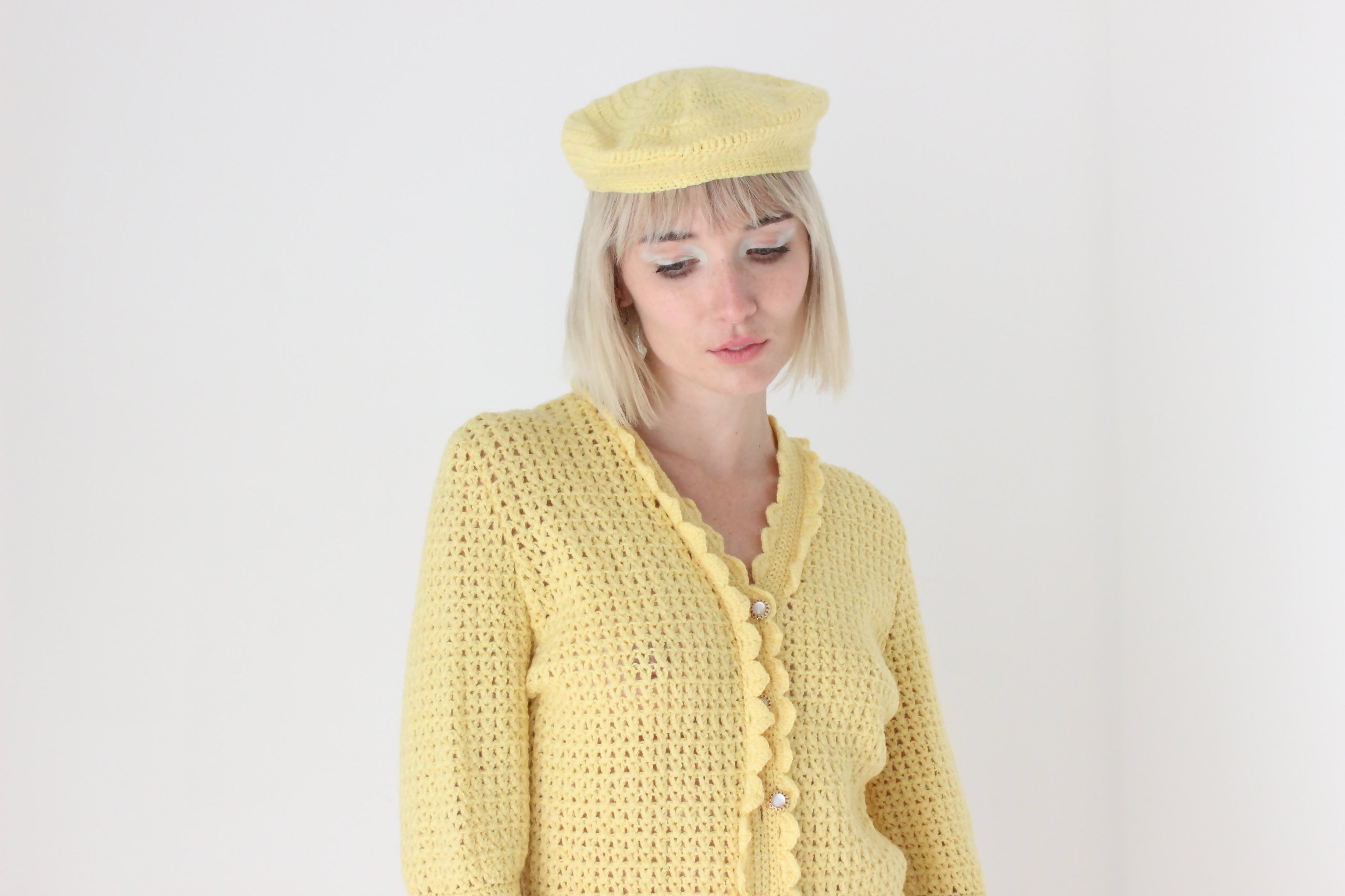70s Hand Knit Lemon Yellow Mini Dress w/ Matching Beret