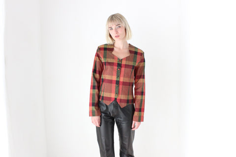 80s Tartan Raw Silk Westwood-Esque Button Up Bustier Top