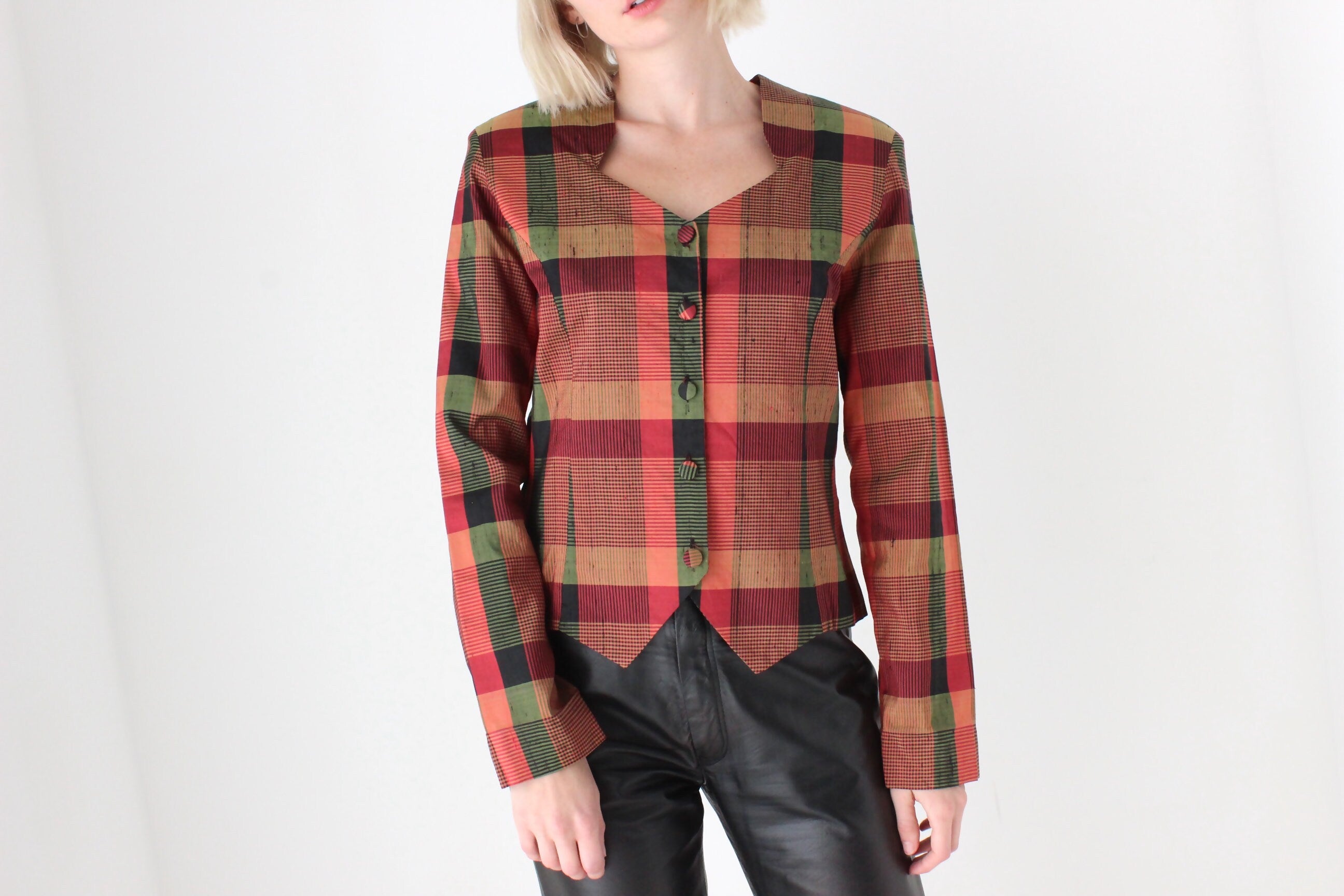 80s Tartan Raw Silk Westwood-Esque Button Up Bustier Top