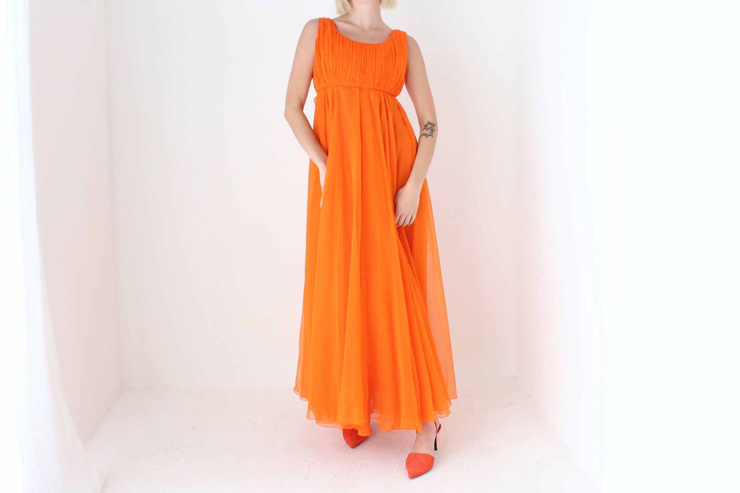 Showstopping 60s Vibrant Orange Empire Waist Dramatic Gown