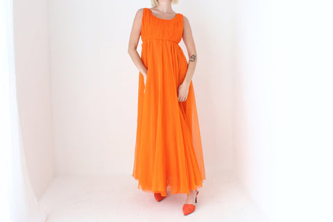 Showstopping 60s Vibrant Orange Empire Waist Dramatic Gown