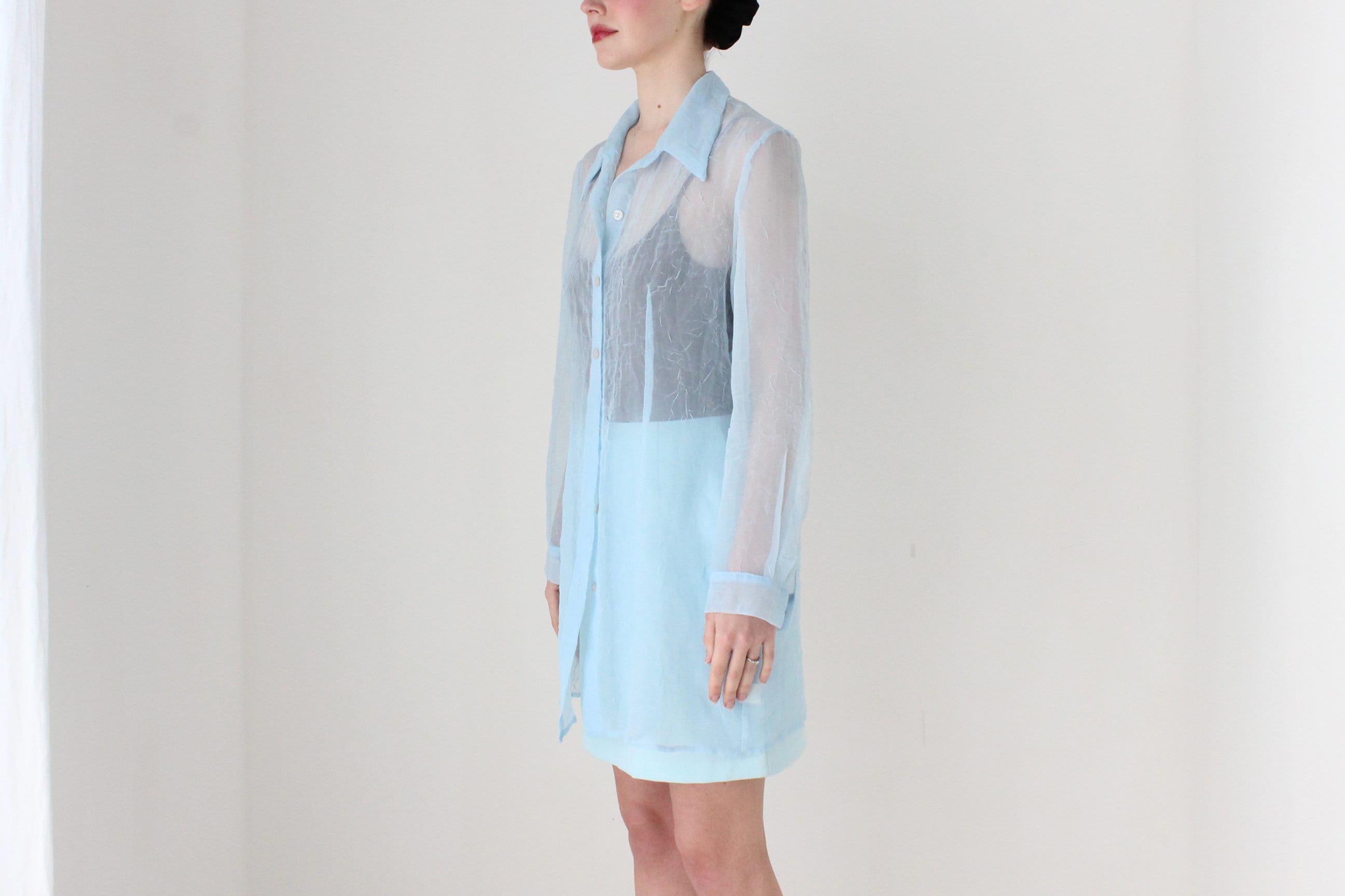 BALLETCORE 90s Sheer Chiffon Oversized Shirt Dress