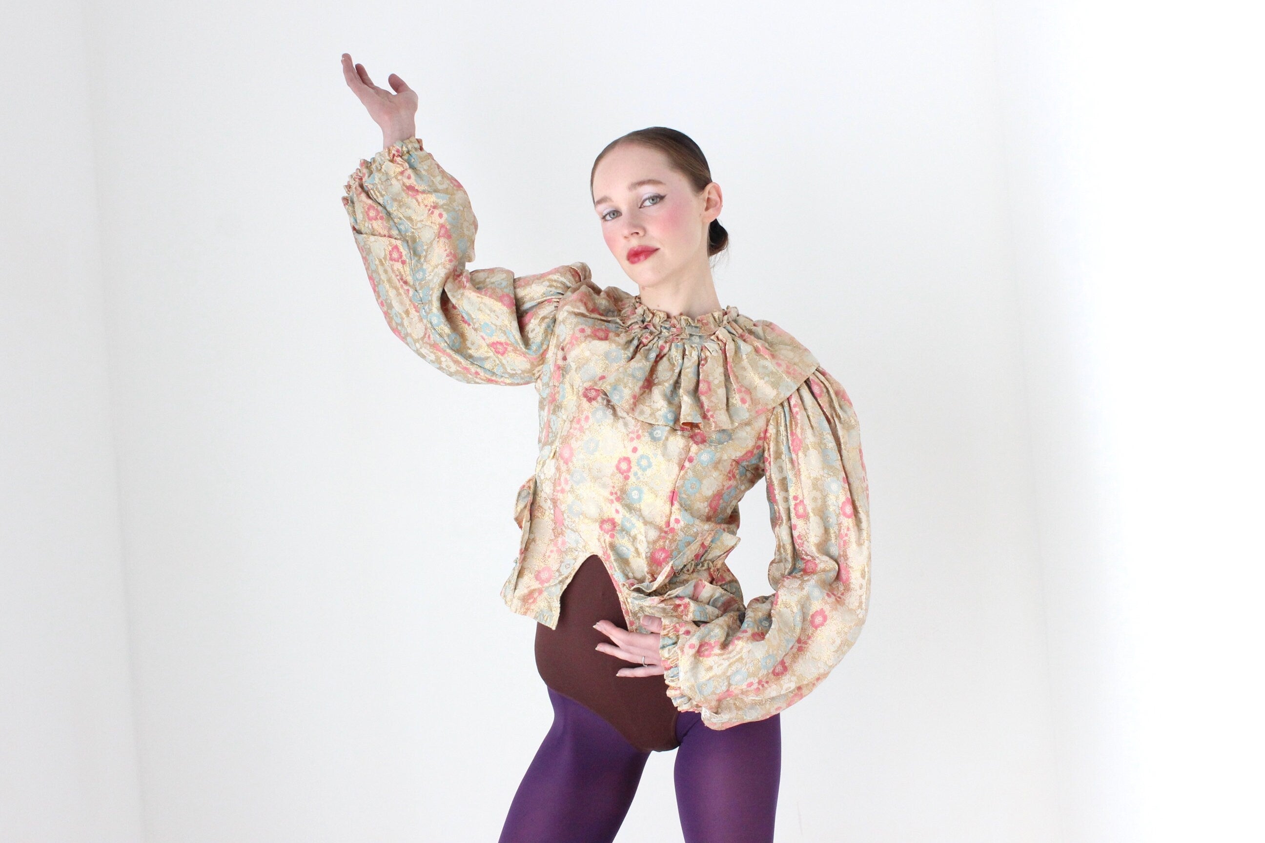 BALLETCORE Vintage Jacquard Metallic Harlequin Collar Top