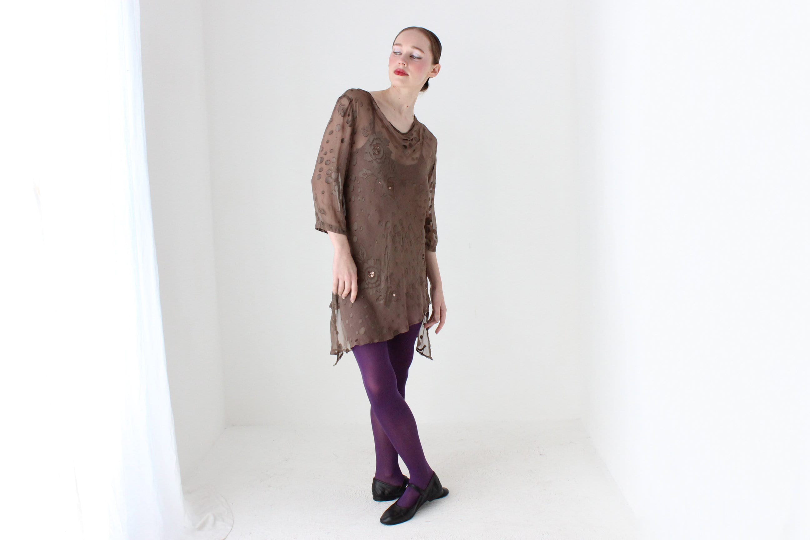 BALLETCORE Y2K Sheer Silk Flutter Cowl Neck Draped Top