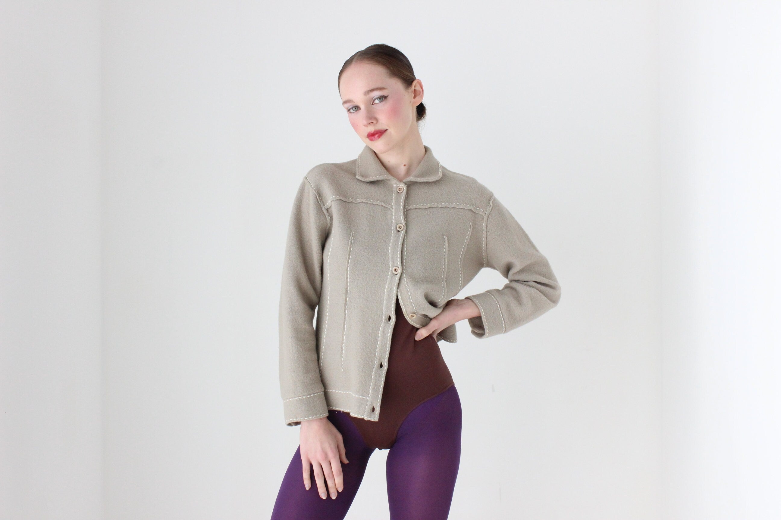 BALLETCORE 90s Pure Wool Cardigan Top w/ Contrast Stitching