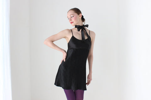 BALLETCORE 90s Black Satin Crinkle Pleat Slip Dress