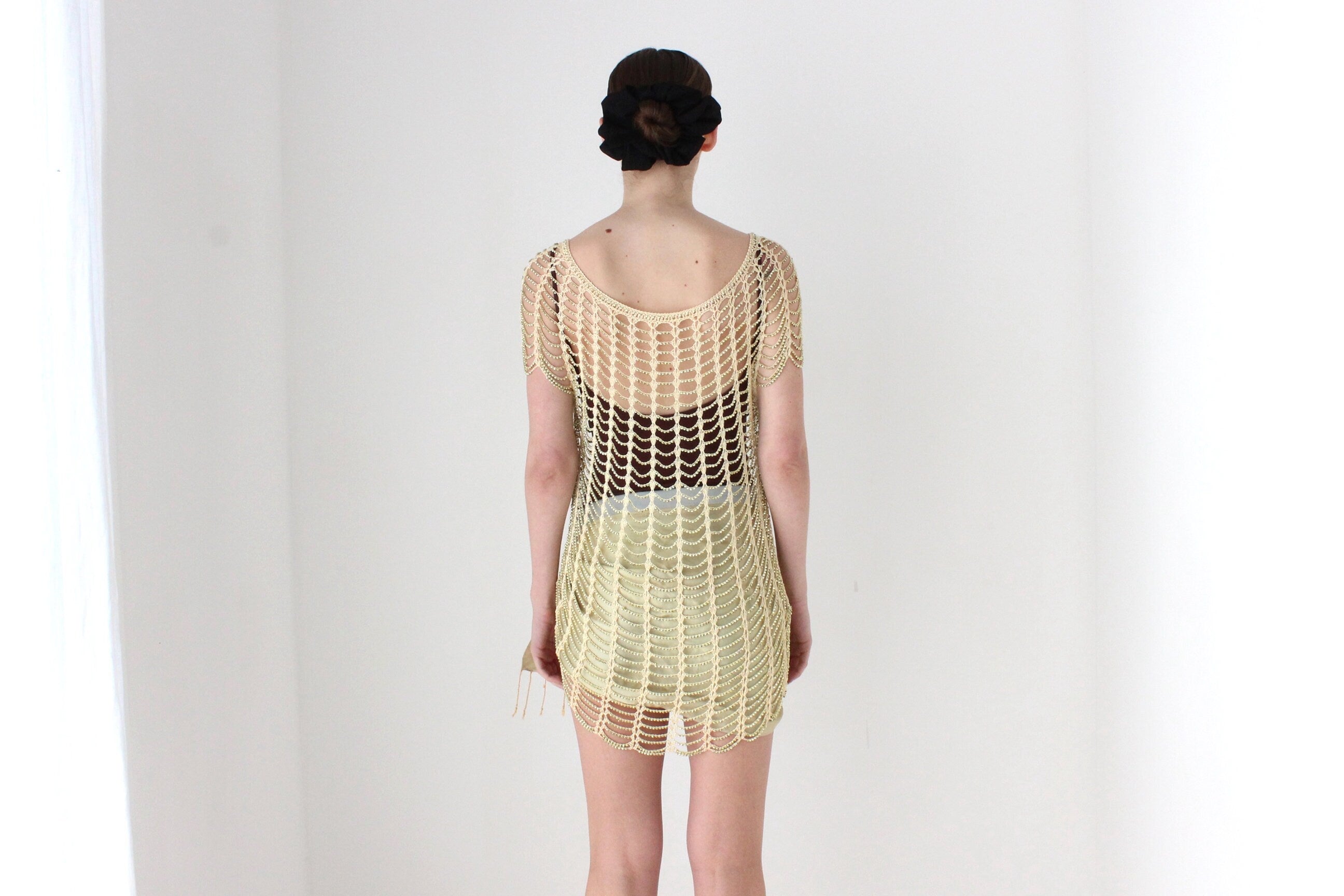 BALLETCORE Y2K Scalloped Drape Beaded Cage Knit Top