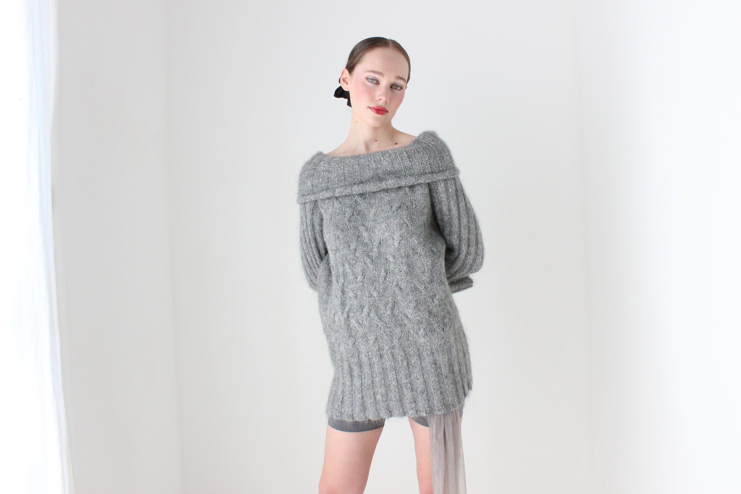 BALLETCORE 80s Escada Mohair Blend Off Shoulder Sweater Dress