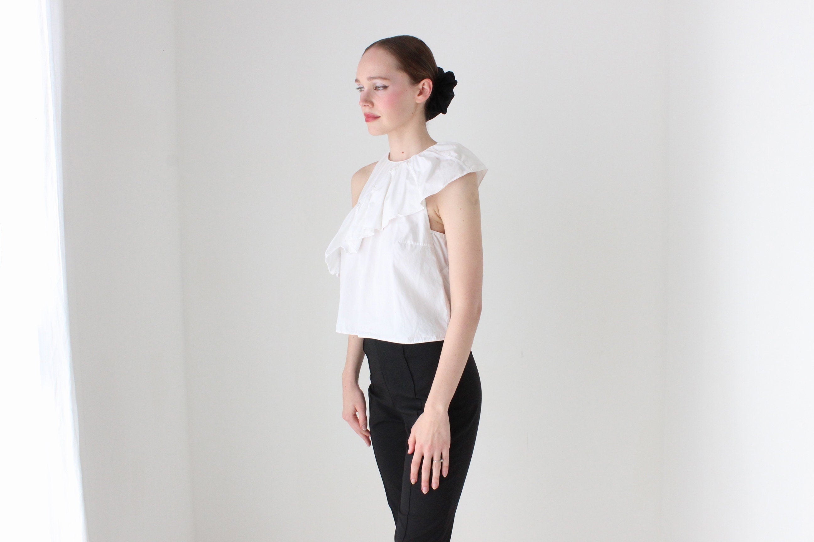 BALLETCORE 2000s PRADA Asymmetric Harlequin Collar Cotton Ruffle Top