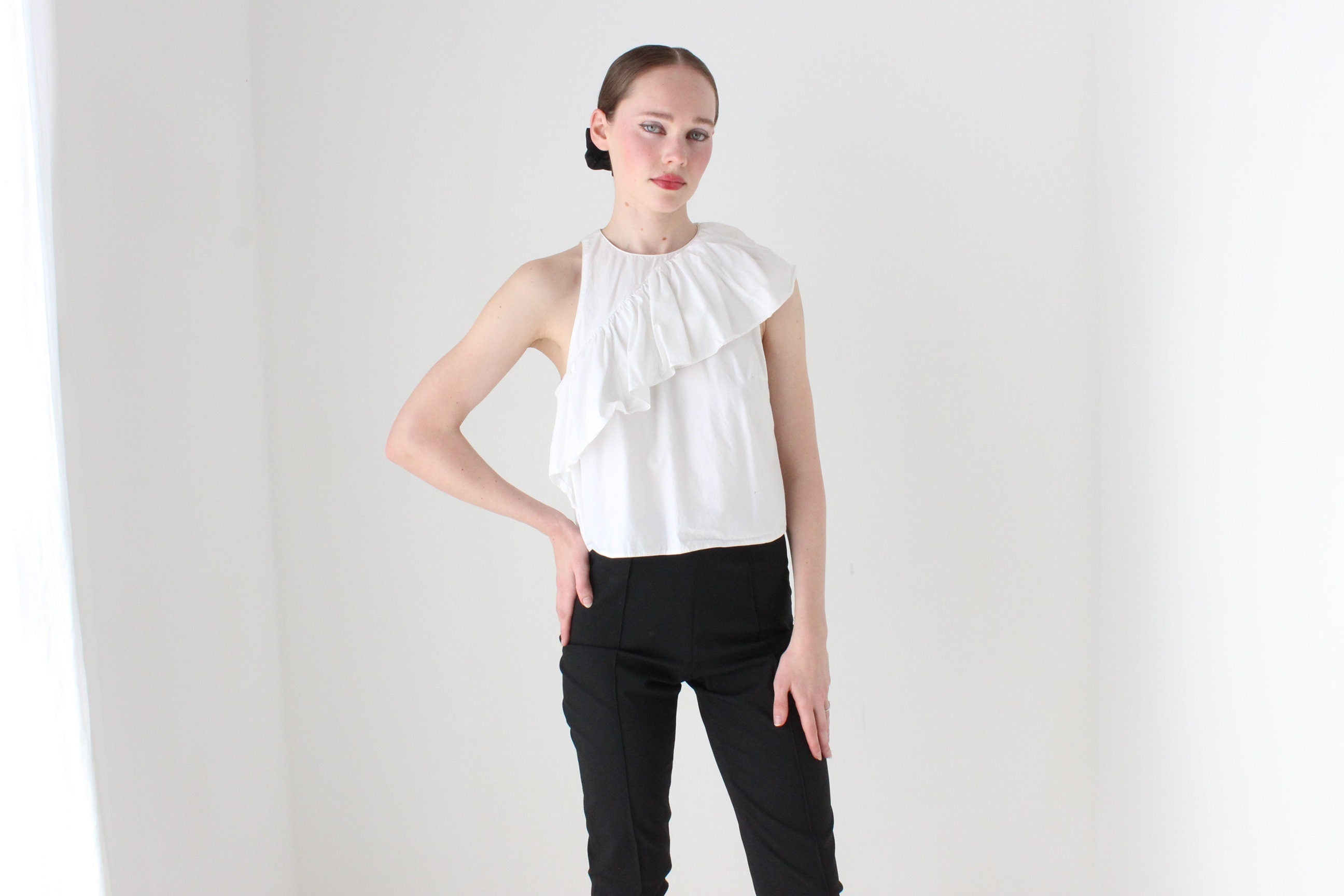 BALLETCORE 2000s PRADA Asymmetric Harlequin Collar Cotton Ruffle Top