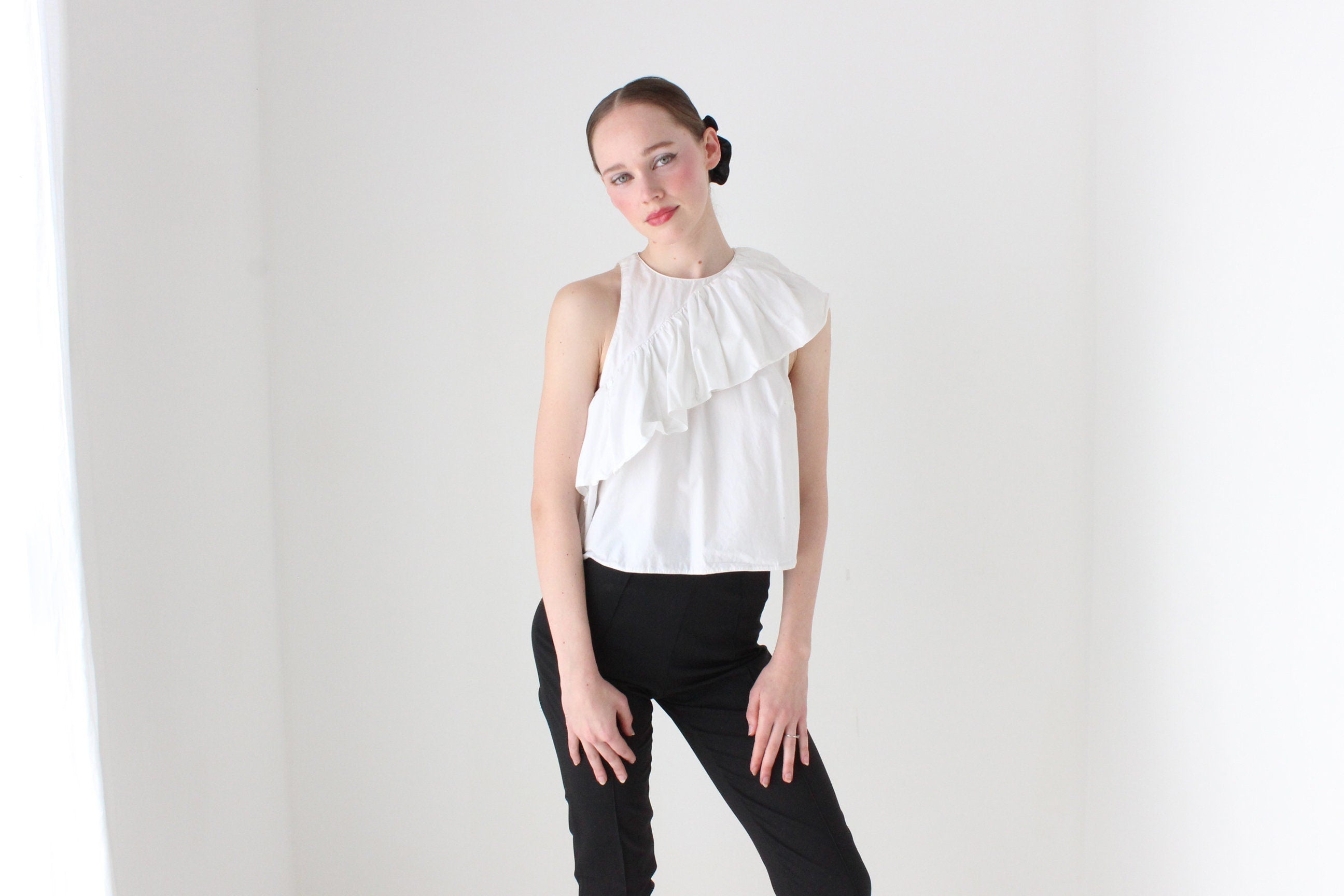 BALLETCORE 2000s PRADA Asymmetric Harlequin Collar Cotton Ruffle Top